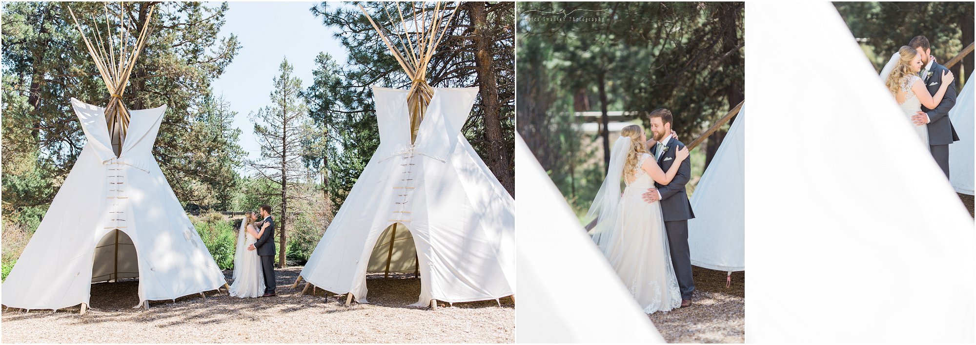 The tepees were set up outside of Aspen Hall in Shevlin Park, making for some beautiful portraits for the wedding couple at this vintage rustic chic Bend wedding. | Erica Swantek Photography
