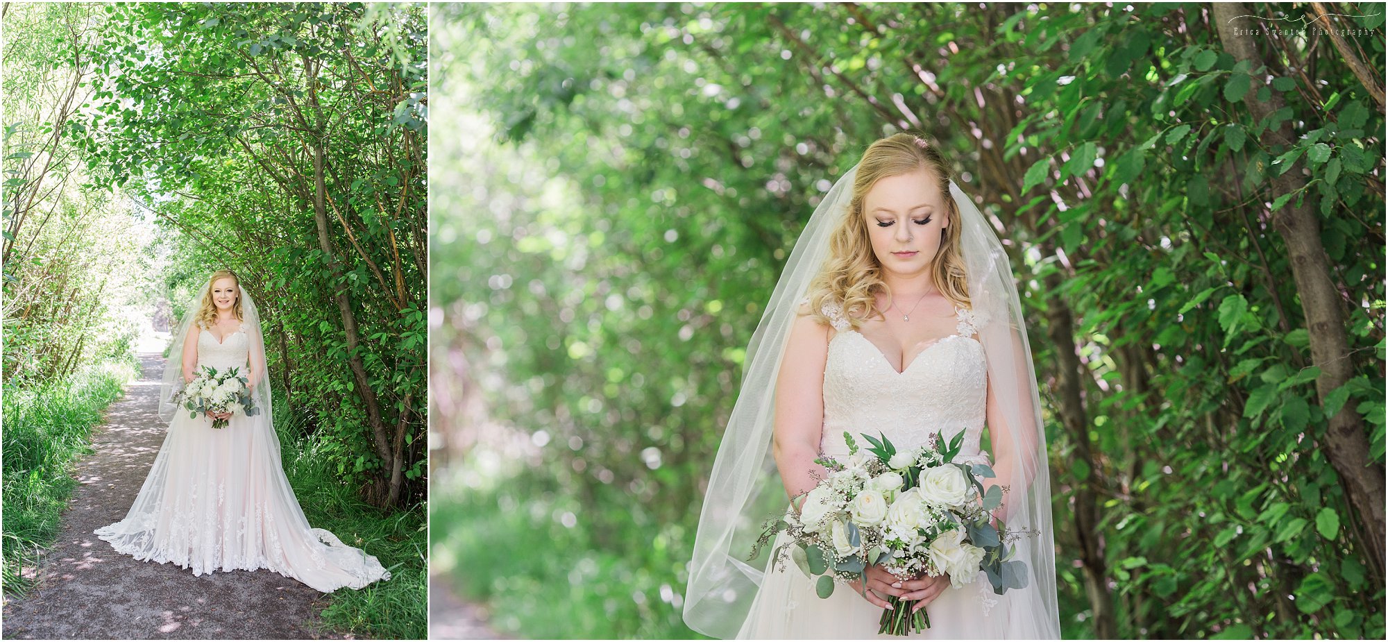 A gorgeous bride poses for bridal portraits outside of Aspen Hall in Bend, OR. | Erica Swantek Photography