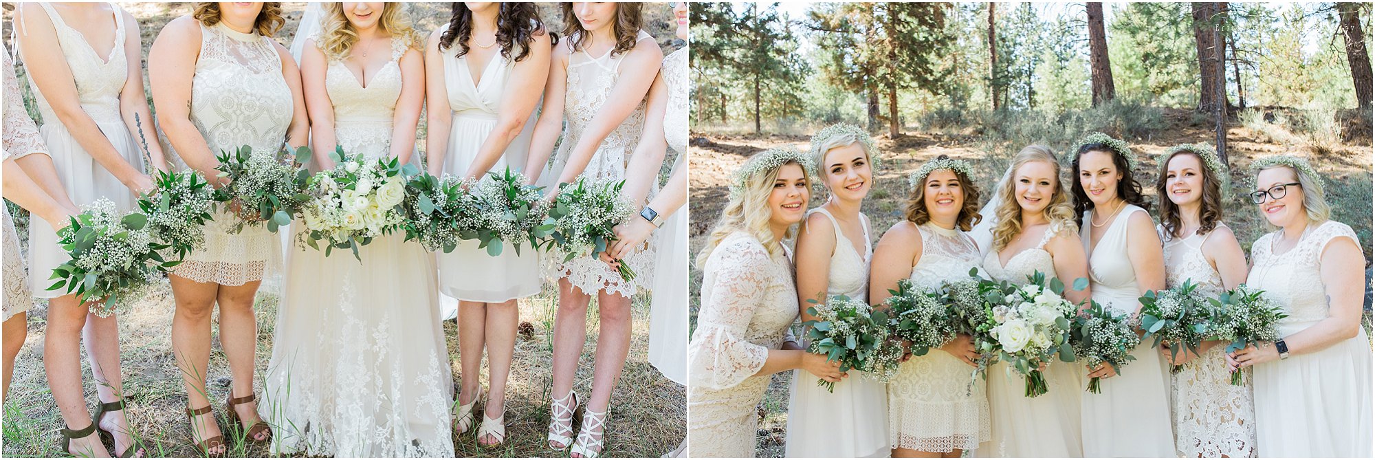 Bridesmaids all wearing shades of cream with baby's breath floral crowns fit this vintage rustic chic Bend wedding at Aspen Hall by Erica Swantek Photography. 