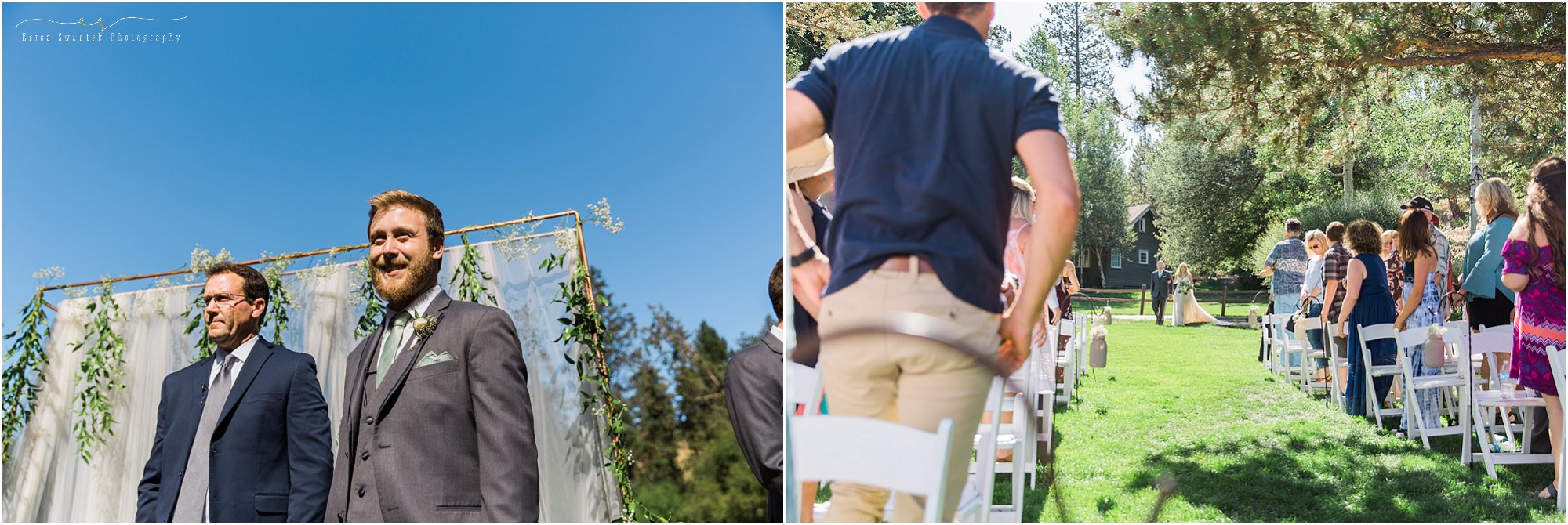 A groom sees his bride walking down the aisle towards him at this vintage rustic chic Bend wedding at Aspen Hall. | Erica Swantek Photography