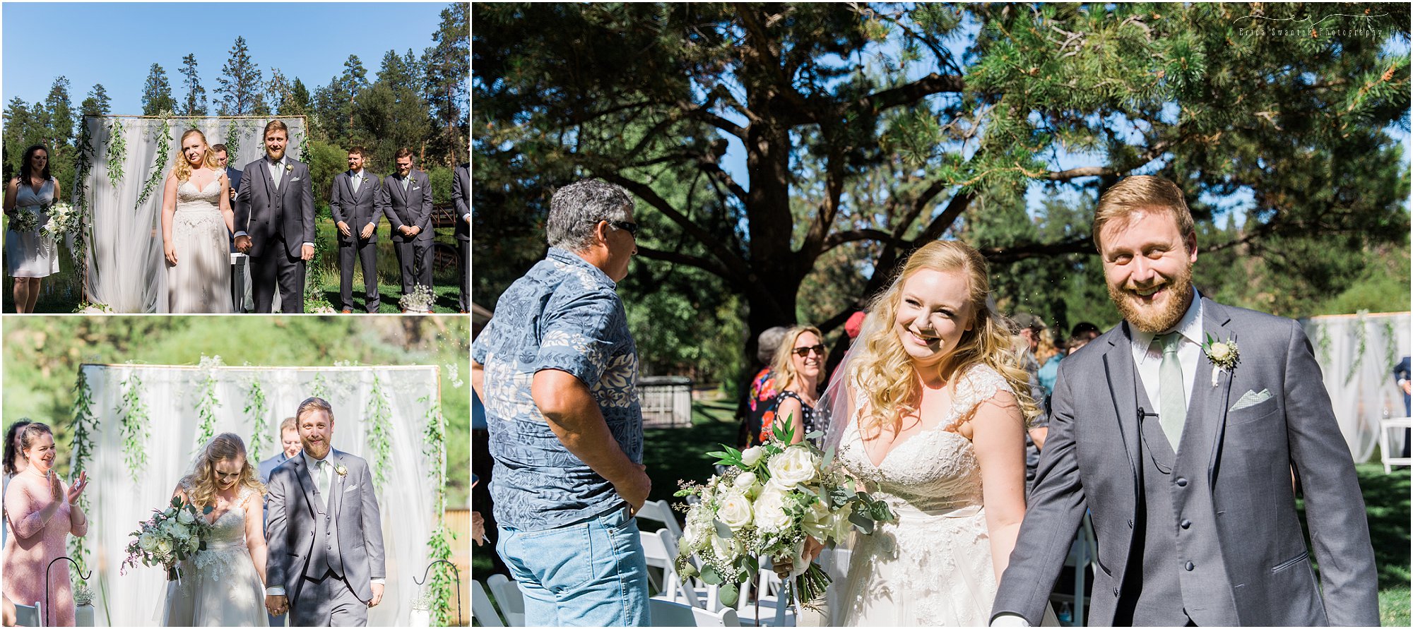 A newly married couple is showered with birdseed as they walk down the aisle at the outdoor ceremony in Bend, OR. | Erica Swantek Photography