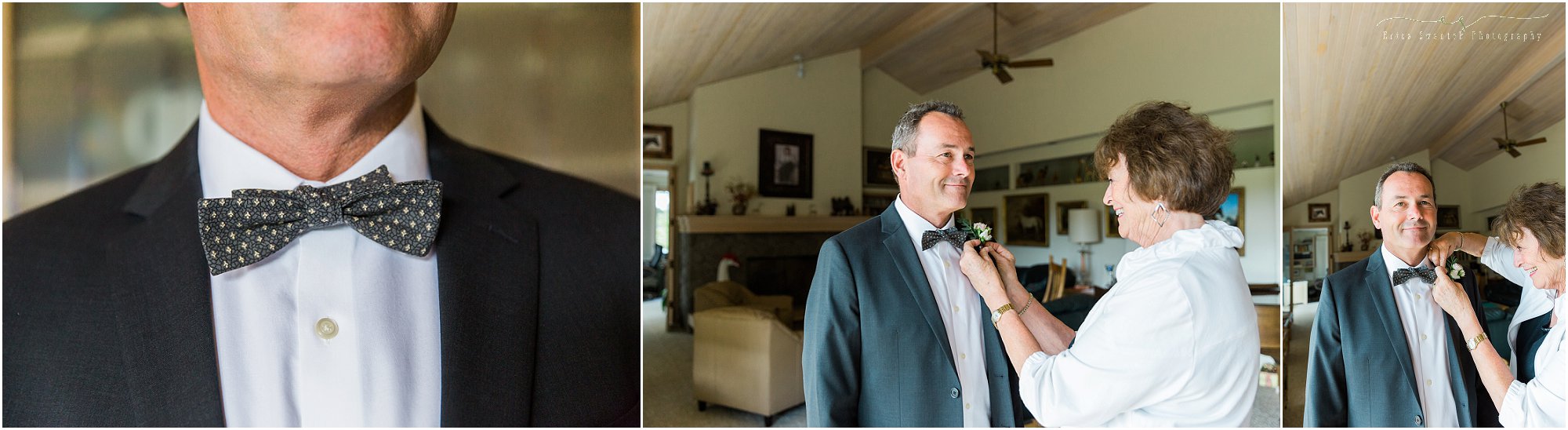 A handsome groom has his boutonniere pinned on his tux in time for his garden art gallery wine bar wedding in Sisters, OR. | Erica Swantek Photography
