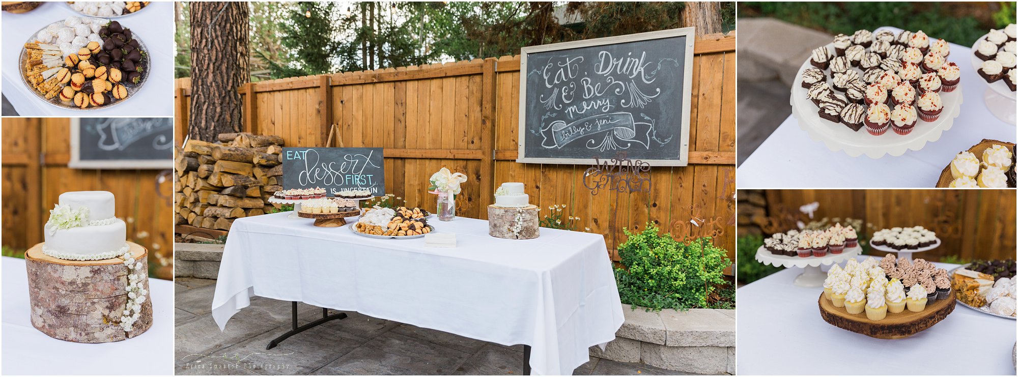 A gorgeous sweetheart cake and dessert bar at this outdoor wedding reception in Sisters, OR. | Erica Swantek Photography
