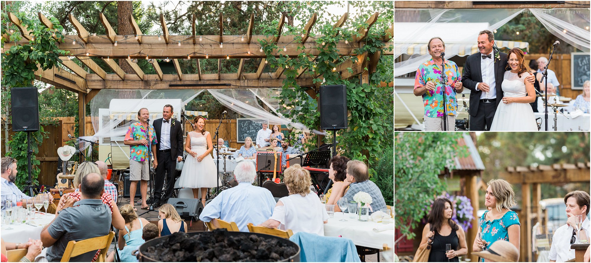 A beautiful wooden stage in the courtyard at The Open Door is the perfect place for your wedding toasts at a garden art gallery wine bar wedding. | Erica Swantek Photography