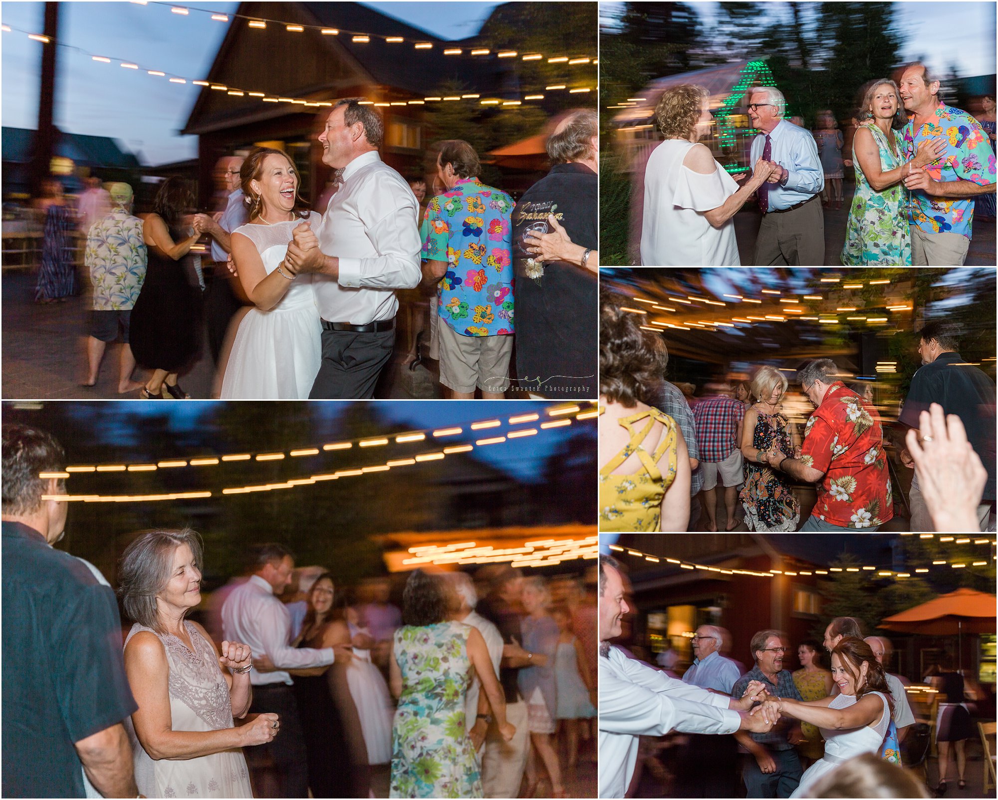 Guests at an outdoor wedding reception at the Open Door Wine Bar dance to the sounds of Sisters, Oregon based band Doc Ryan & The Wychus Creek Band. Photographed by Bend wedding photographer Erica Swantek Photography.