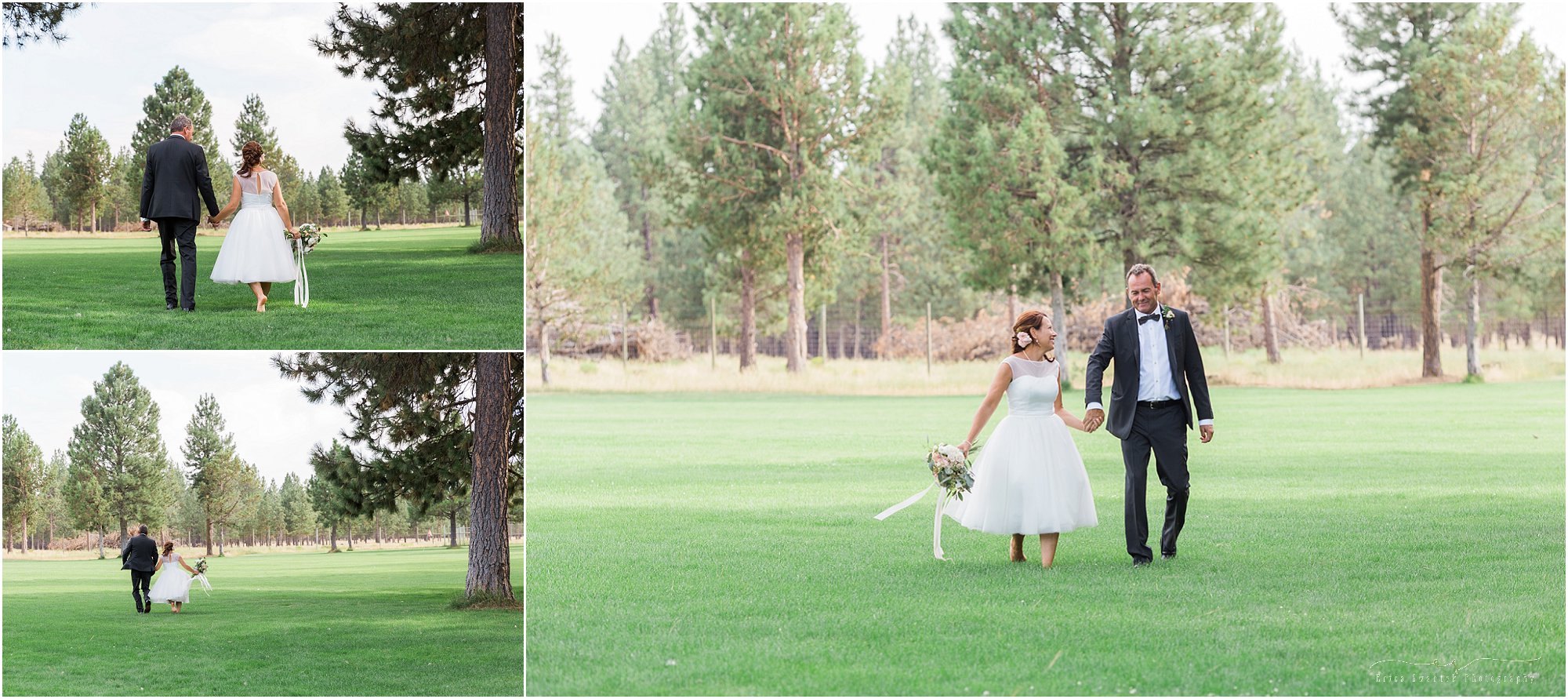 A bride & groom runs through the lawn for natural wedding photos at their Central Oregon outdoor wedding. | Erica Swantek Photography