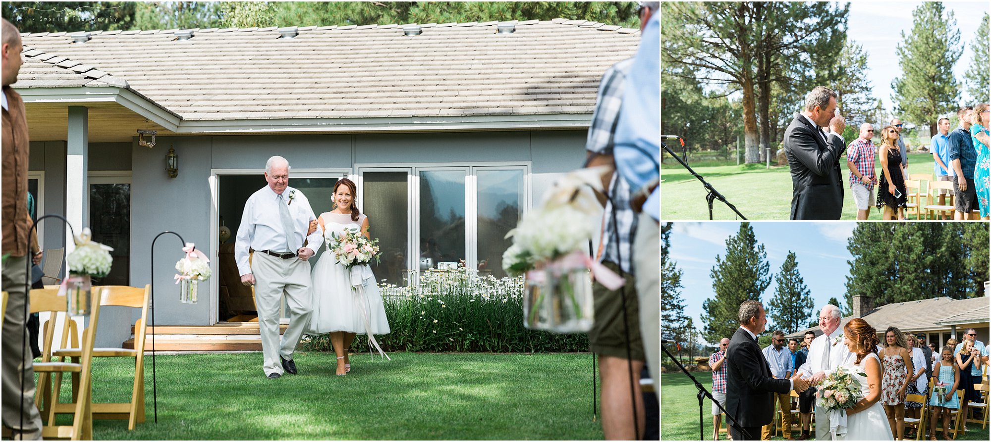 A bride is escorted down the aisle towards her groom at this Sisters, OR backyard wedding. | Erica Swantek Photography