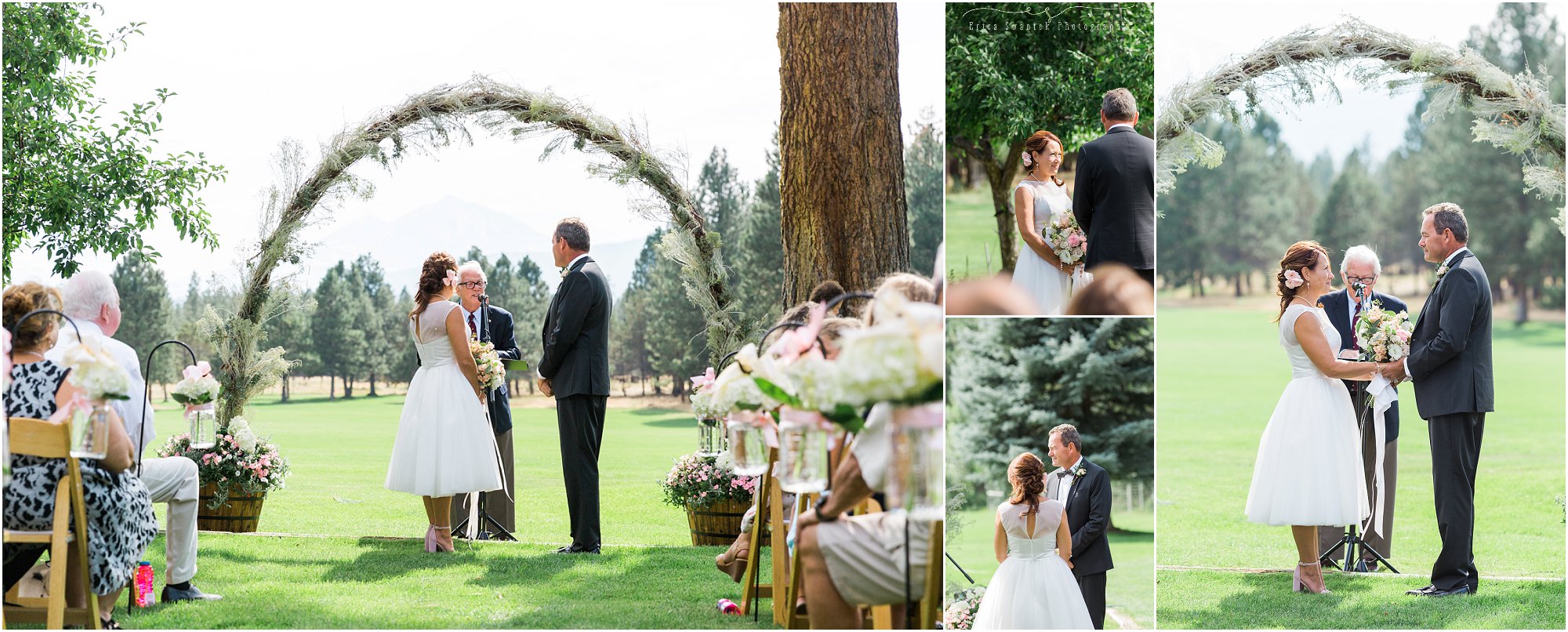 A beautiful mountain view through the arch arbor at this outdoor garden wedding ceremony in Sisters, OR by Bend wedding photographer Erica Swantek Photography. 