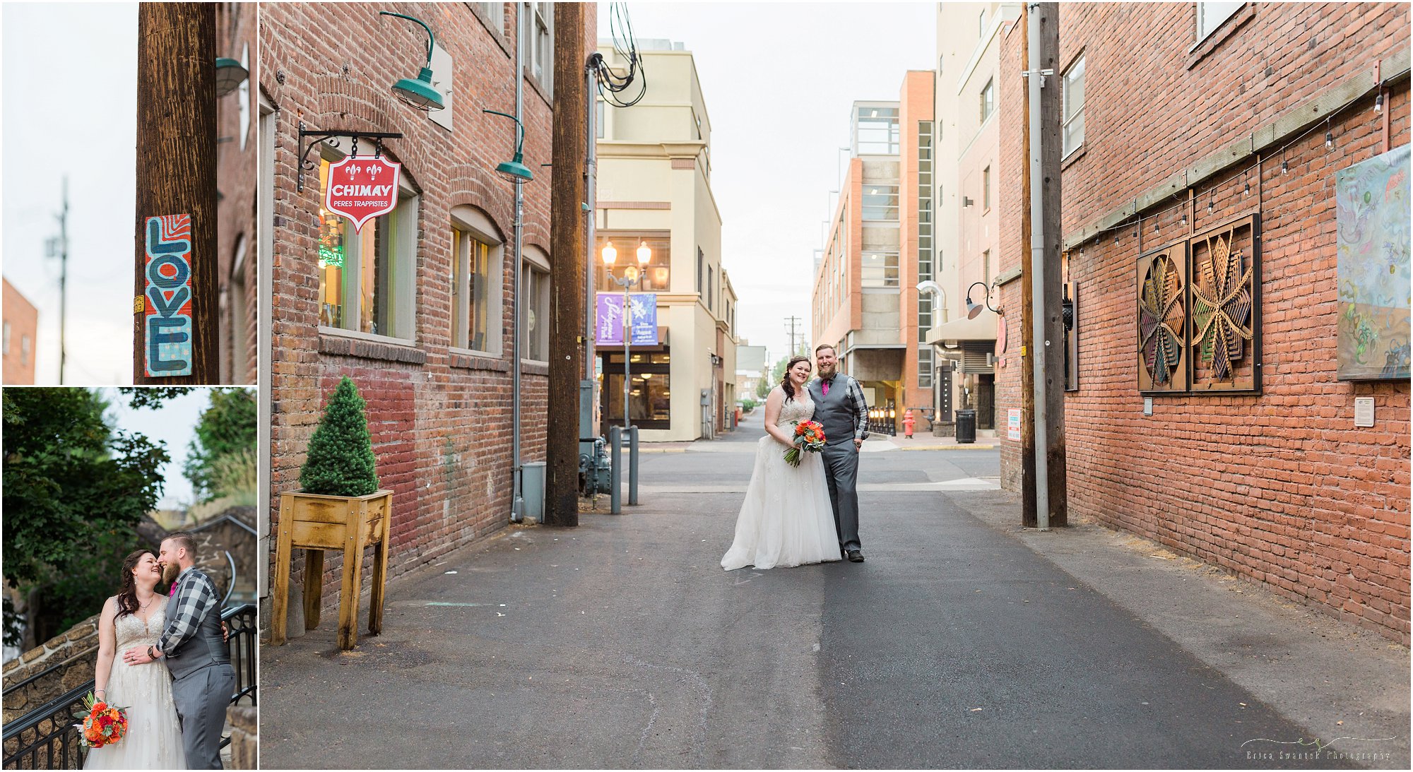 The art in Tin Pan Alley provides a unique urban backdrop for this wedding couple's portraits taken by Bend wedding photographer Erica Swantek Photography.