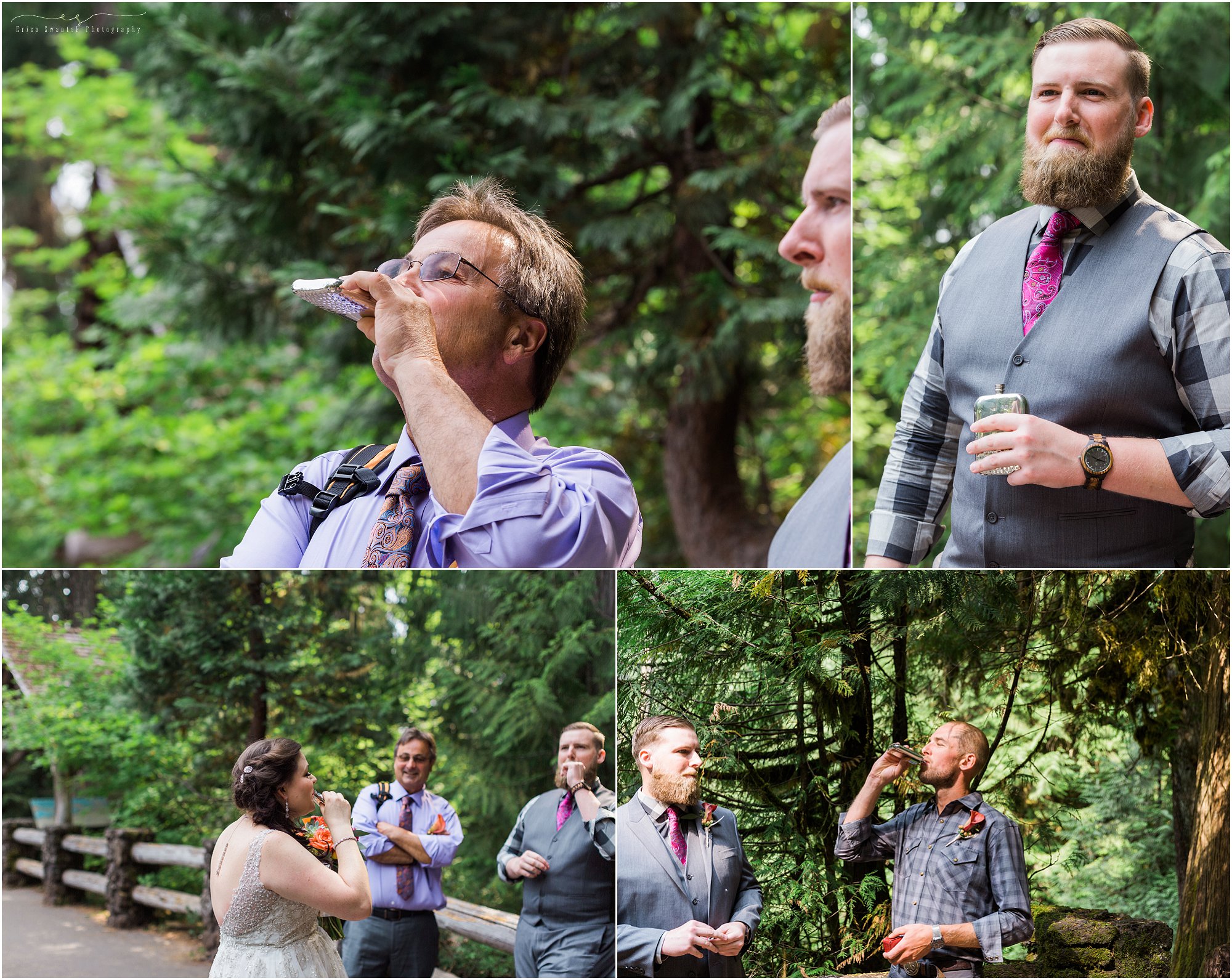 A pre wedding shot of whiskey to take the nerves away at this intimate Oregon waterfall wedding near Bend. | Erica Swantek Photography