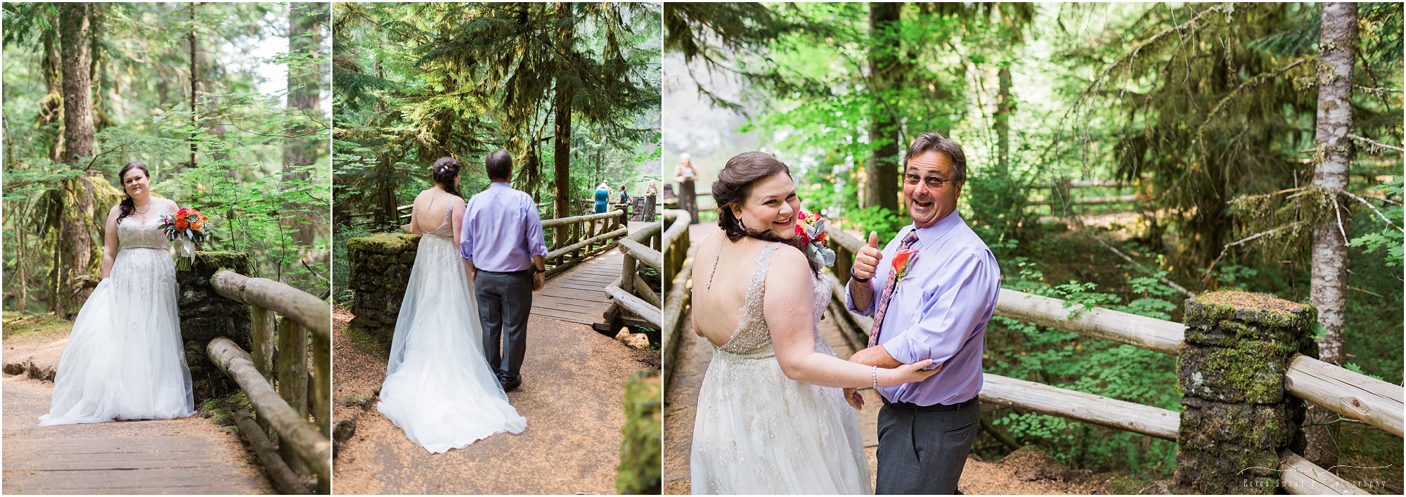 This gorgeous moss lined wooden walkway provided the perfect natural aisle for such an intimate Oregon waterfall wedding at Sahalie Falls near Bend. | Erica Swantek Photography