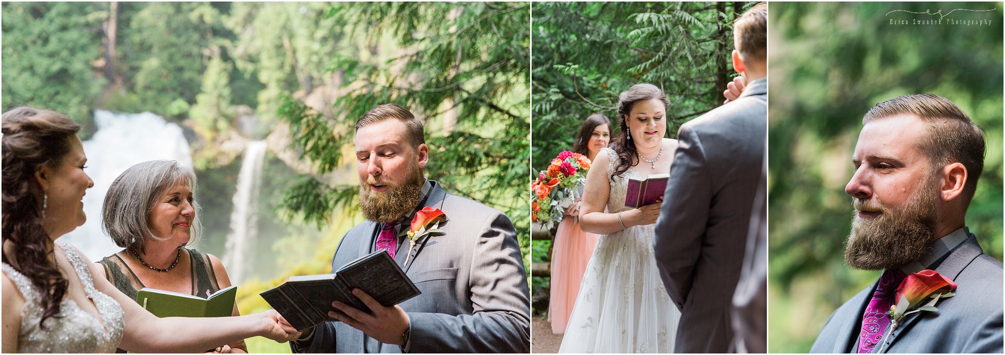 A couple reads their handwritten vows to each other at their intimate ceremony by Sahalie Falls in Oregon. | Erica Swantek Photography