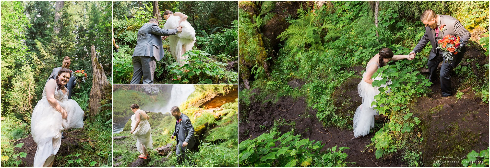 The groom helps his bride navigate the lush, mossy, wet landscape at their intimate Oregon waterfall wedding. | Erica Swantek Photography