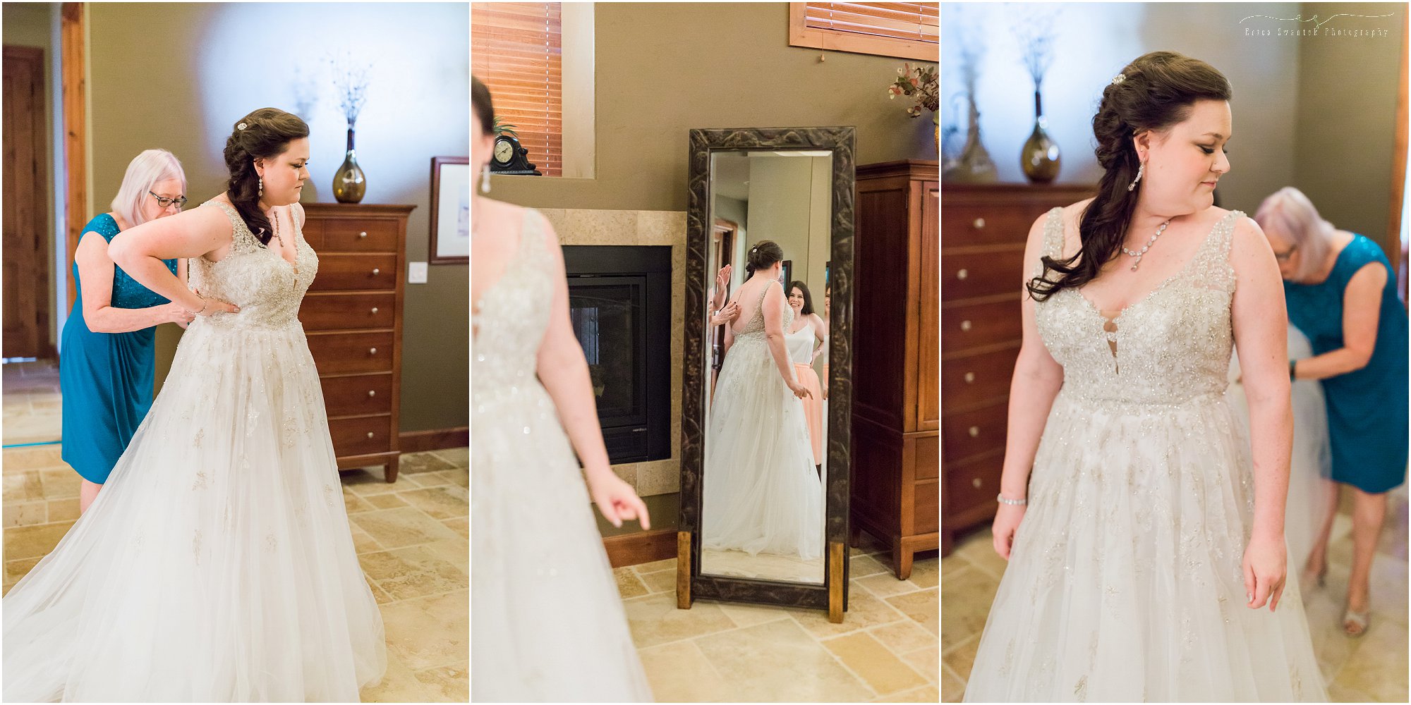 The mother of the bride helps her daughter into her gorgeous Stella York wedding gown captured by Bend wedding photographer, Erica Swantek Photography. 
