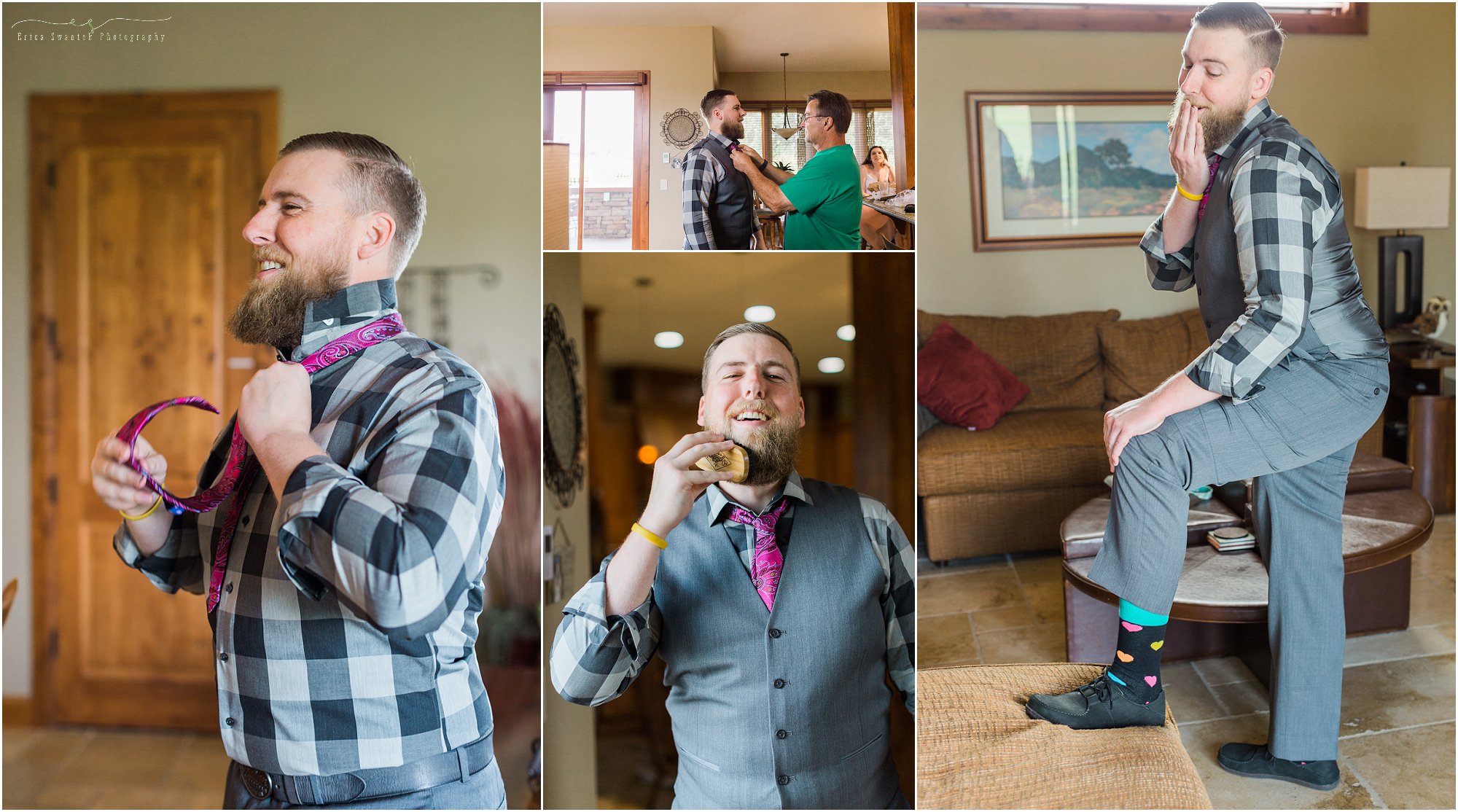 A groom prepares for his wedding day, combing his beard and putting on his unique socks for his intimate Oregon waterfall wedding near Bend, OR. | Erica Swantek Photography
