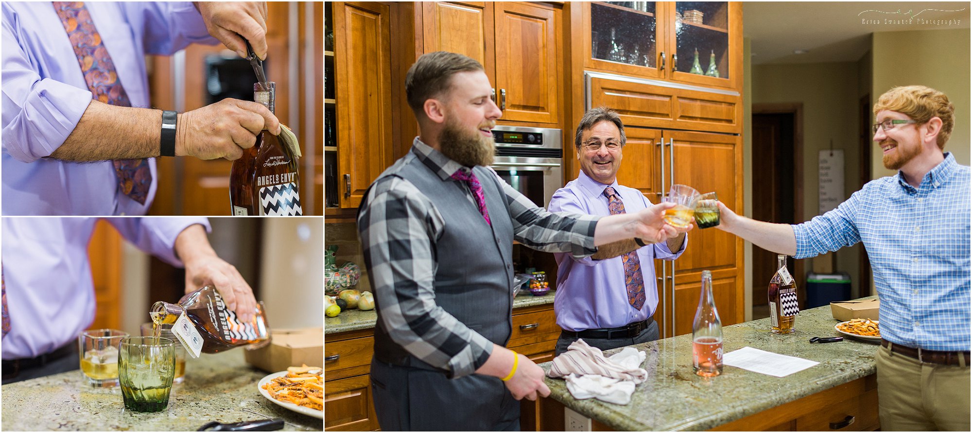 The groom, his father and brother-in-law all enjoy a shot of whiskey that was a gift from his bride to be in Bend, Oregon. | Erica Swantek Photography