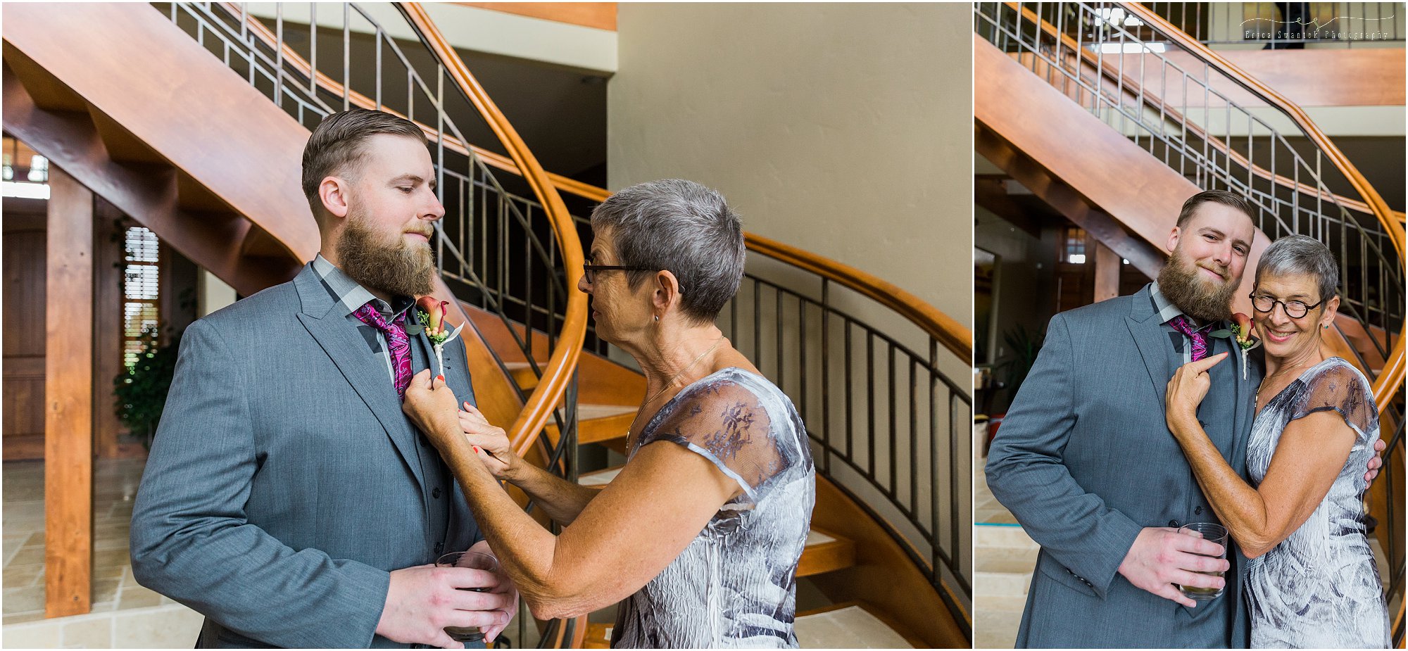 The mother of the groom pins his boutonniere before his first look for his Bend, Oregon wedding. | Erica Swantek Photography 