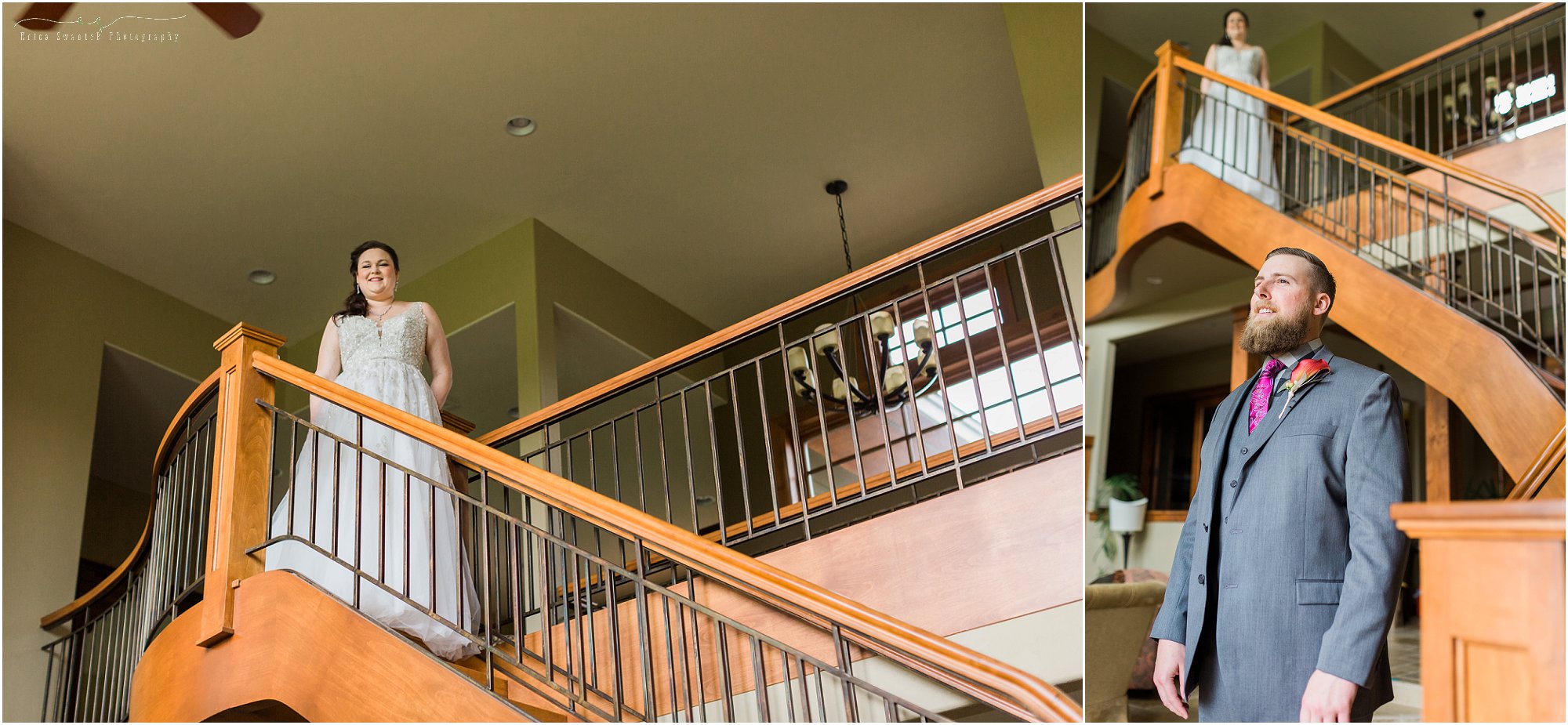 A bride and groom stand on a grand staircase before their first look at their intimate Oregon waterfall wedding near Bend, OR. | Erica Swantek Photography