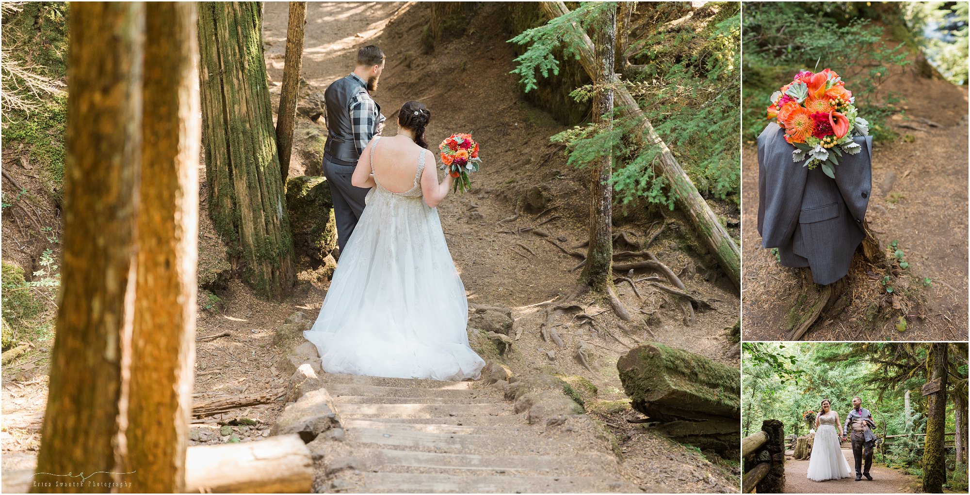 Navigating the trails at their waterfall wedding in Oregon for their formal wedding portraits. | Erica Swantek Photography