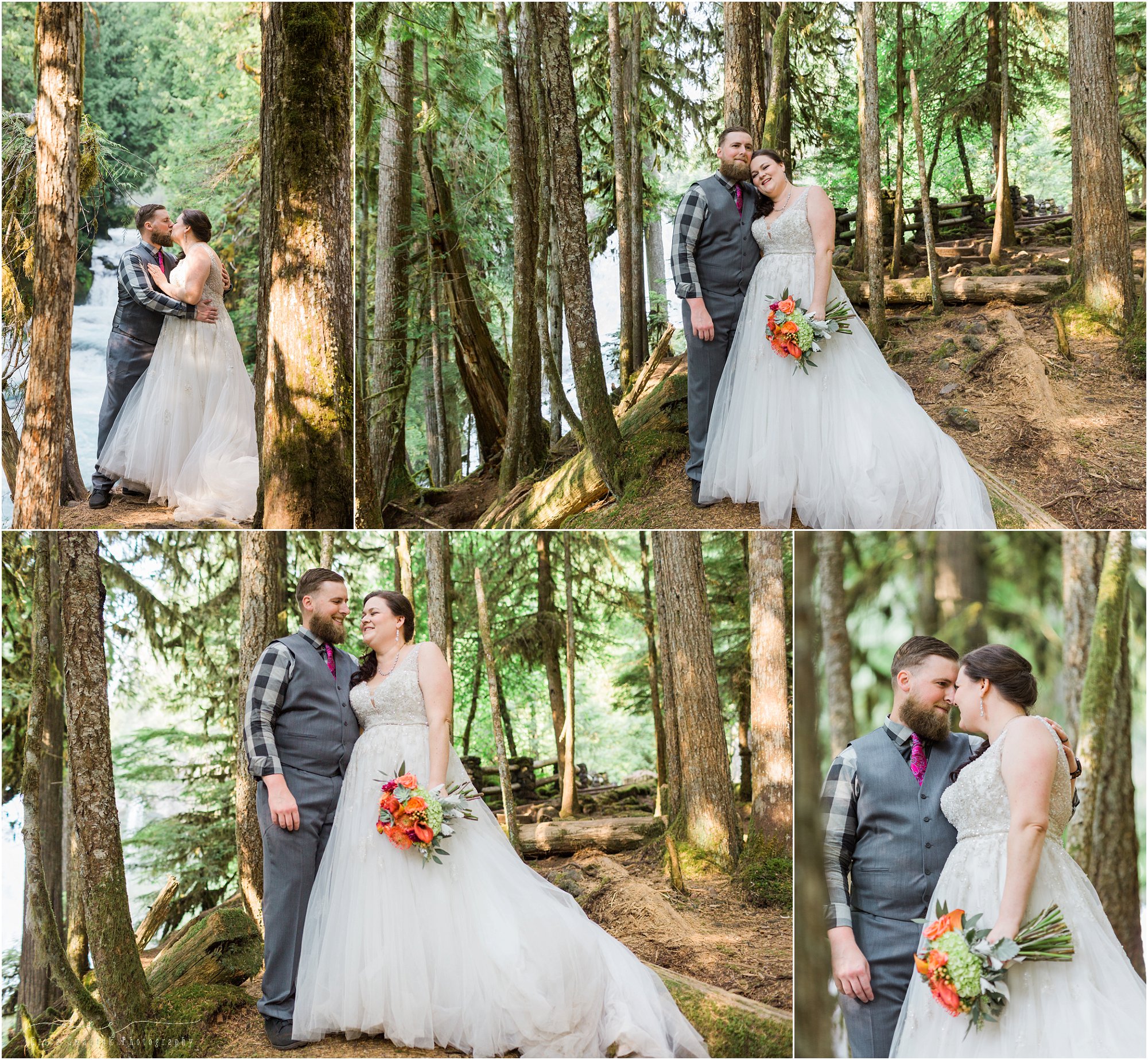 A bearded groom wearing a grey vest and checkered shirt with his bride wearing a beautiful Stella York gown at their intimate wedding at Sahalie Falls in Oregon. | Erica Swantek Photography