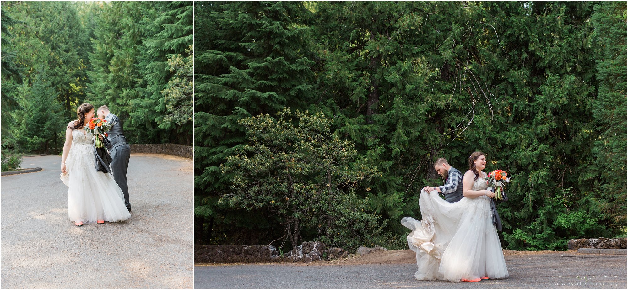 A groom helps shake the dust off his bride's gorgeous Stella York wedding gown after their intimate Oregon waterfall wedding ceremony. | Erica Swantek Photography
