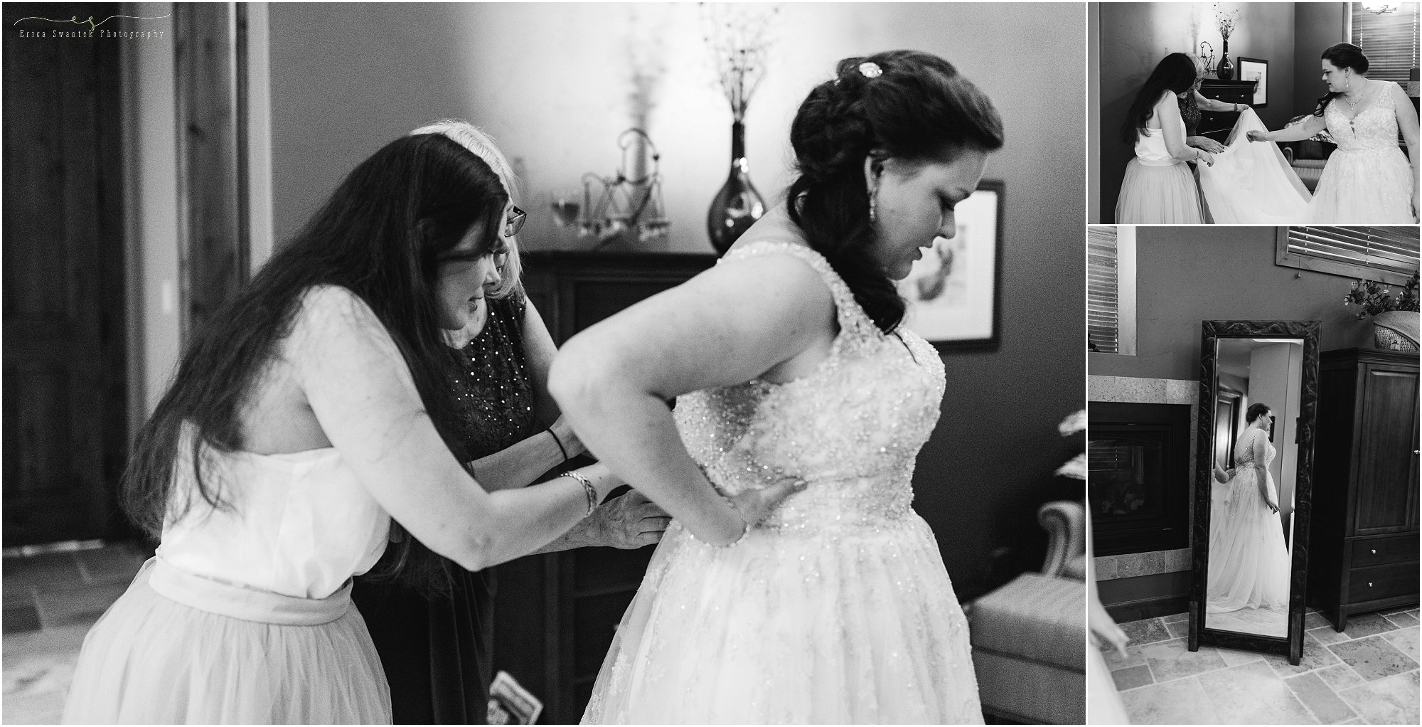 A gorgeous black and white photo of a bride getting into her Stella York wedding gown for her intimate Oregon waterfall wedding near Bend. | Erica Swantek Photography