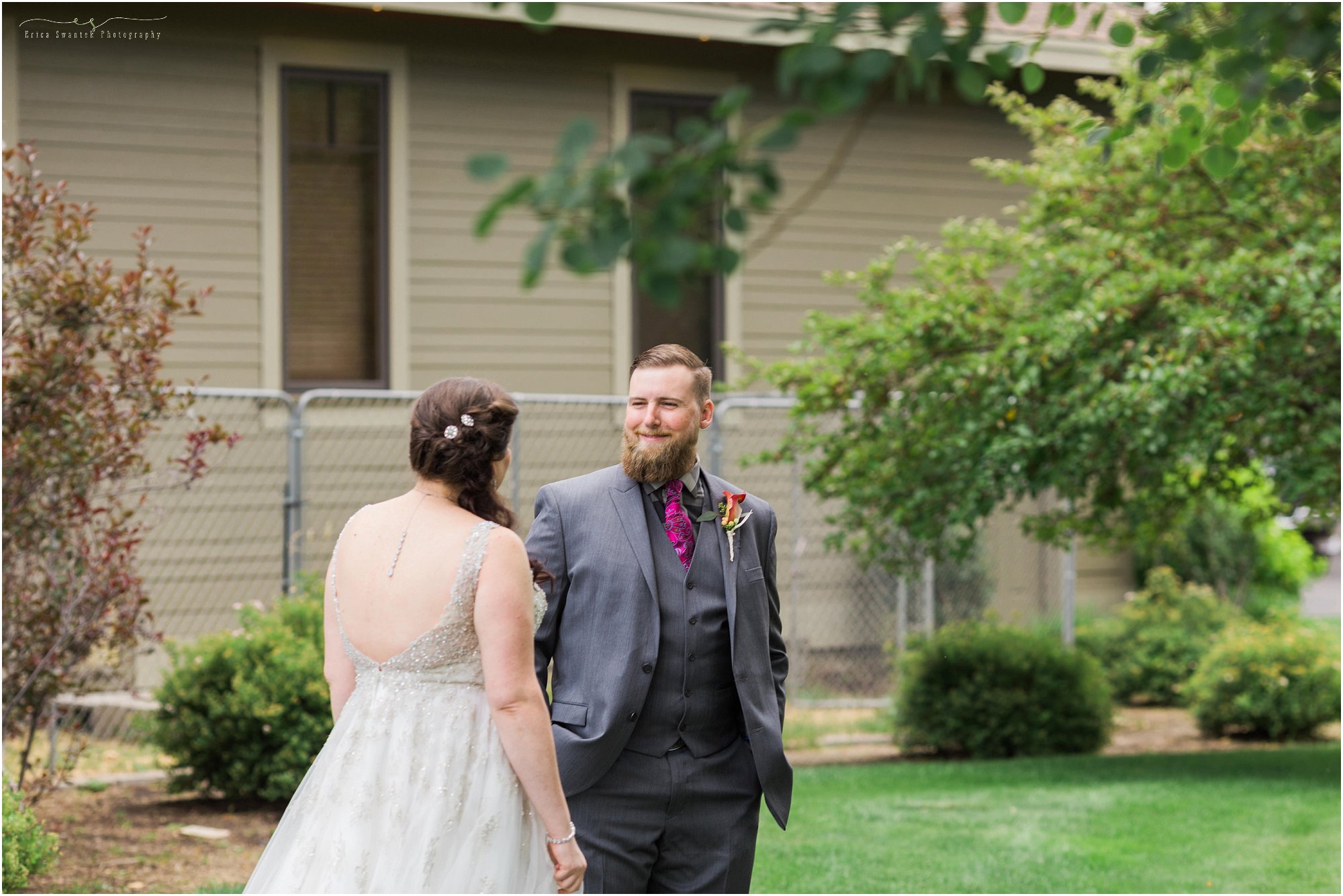A groom sees his bride for the first time at their Bend, OR wedding. | Erica Swantek Photography