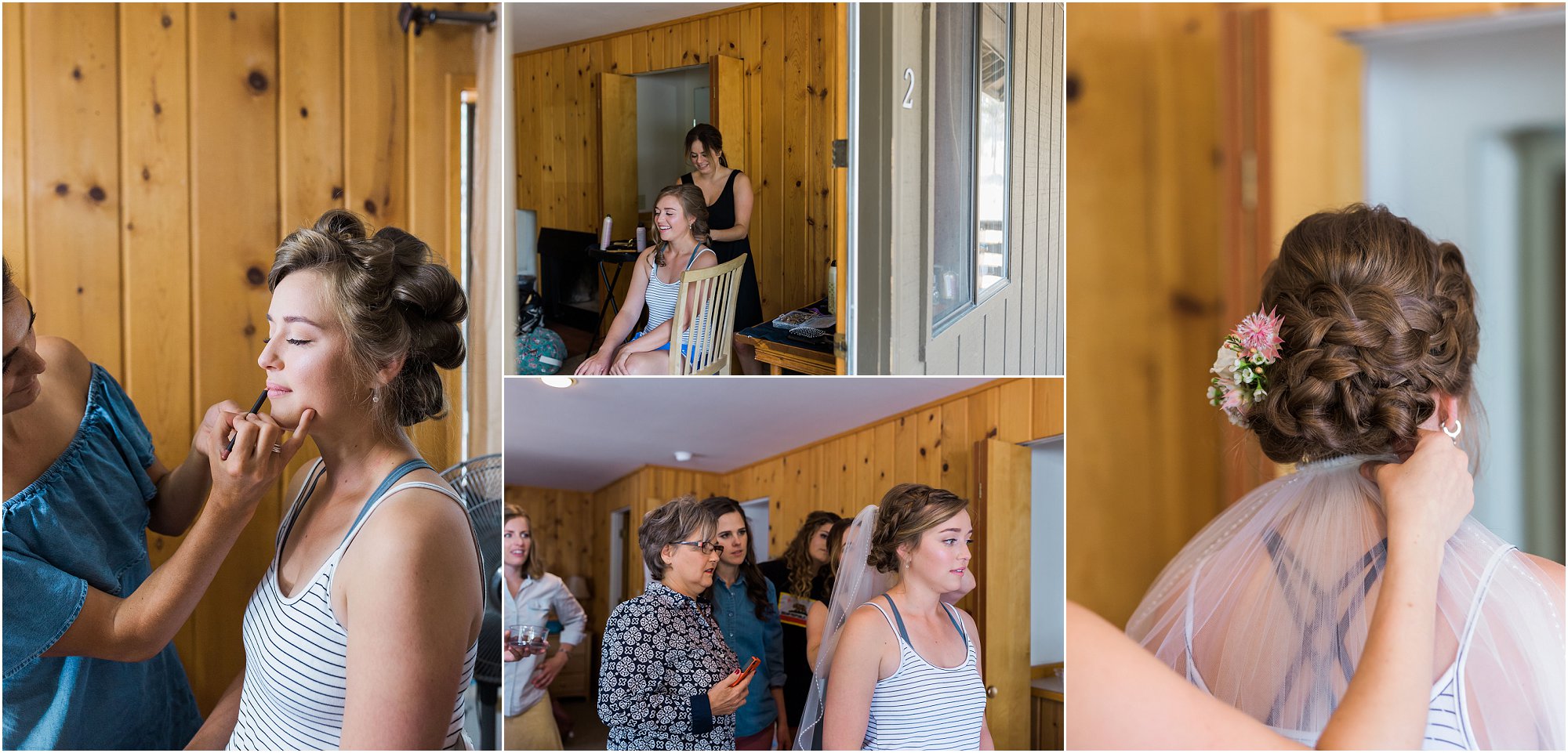 A beautiful bride has her hair and makeup done at the cabin before her lovely Rock Springs Ranch wedding in Bend, OR. | Erica Swantek Photography