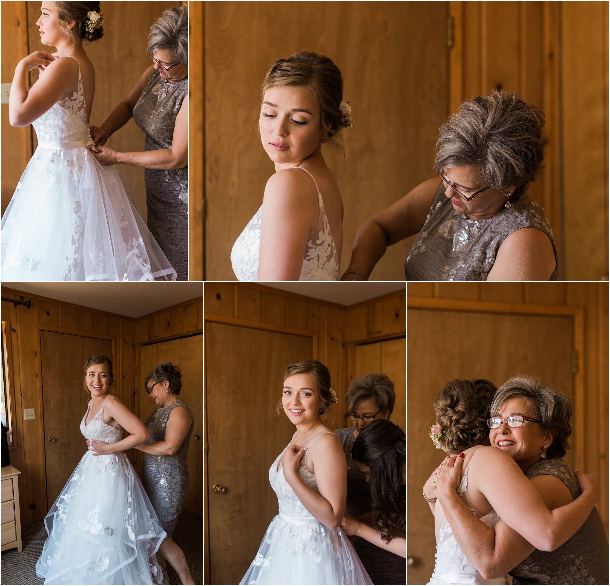 The mother of the bride helps her slip into her gorgeous gown for her Rock Springs Ranch wedding captured by Bend wedding photographer Erica Swantek Photography. 