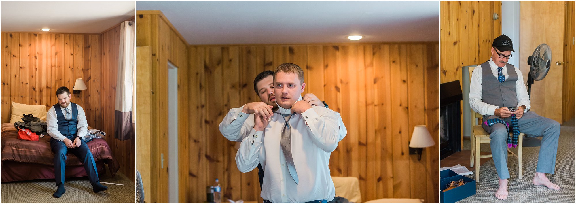 The groomsmen and father of the bride get ready in their rustic cabin at the Rock Springs Ranch wedding venue in Bend, OR. | Erica Swantek Photography