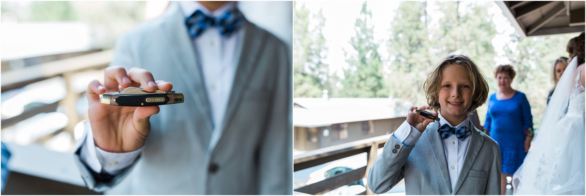 The ringbearer receives a special gift, a personalized pocket knife, for his help in this Rock Springs Ranch Wedding in Bend, OR. | Erica Swantek Photography