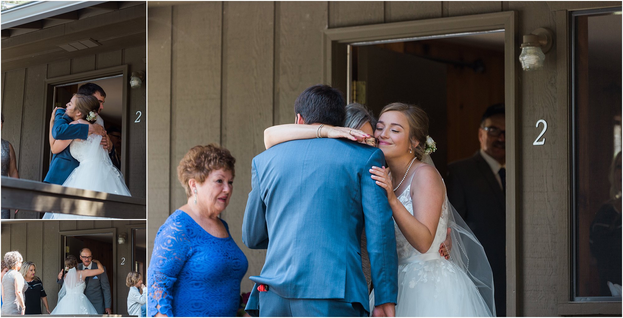 The bride's father, brother and mother all react to seeing her dressed up for her special wedding at Rock Springs Ranch in Tumalo, OR. | Erica Swantek Photography