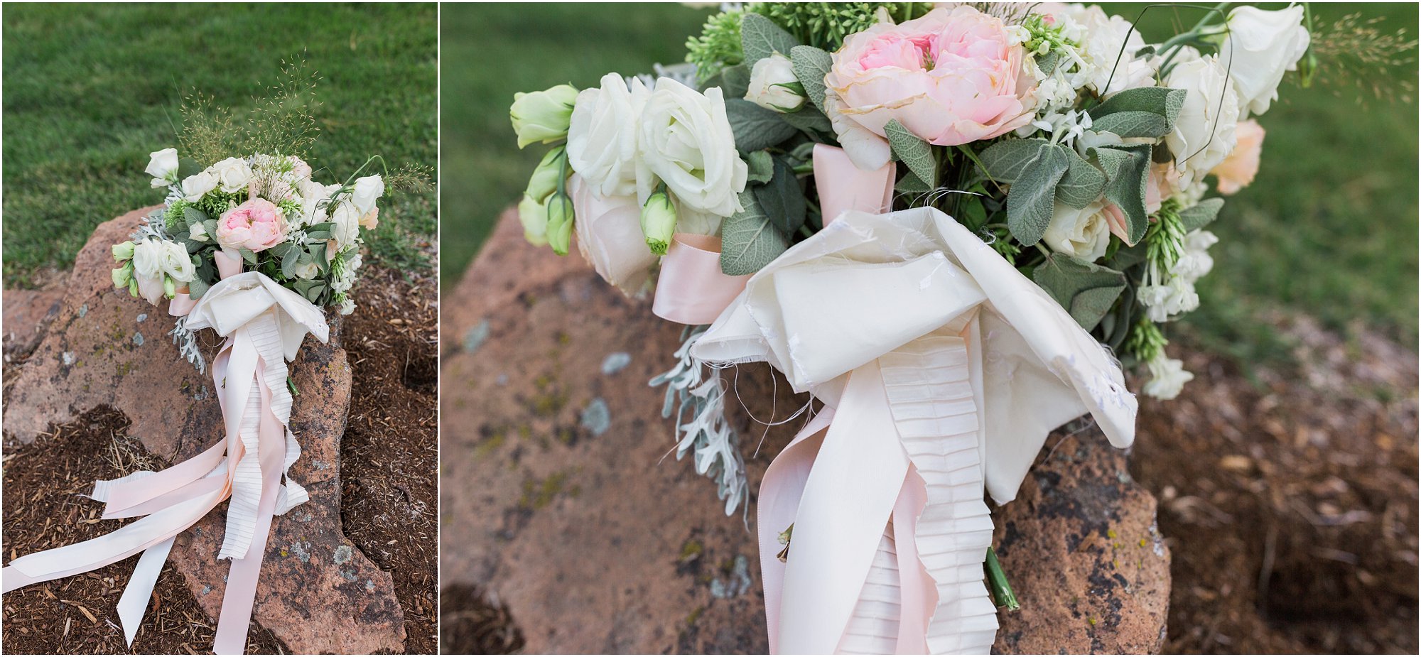 This bride chose to have fabric from her mother's wedding dress incorporated into her gorgeous bouquet created by Heirloom Floral in Bend, OR. | Erica Swantek Photography