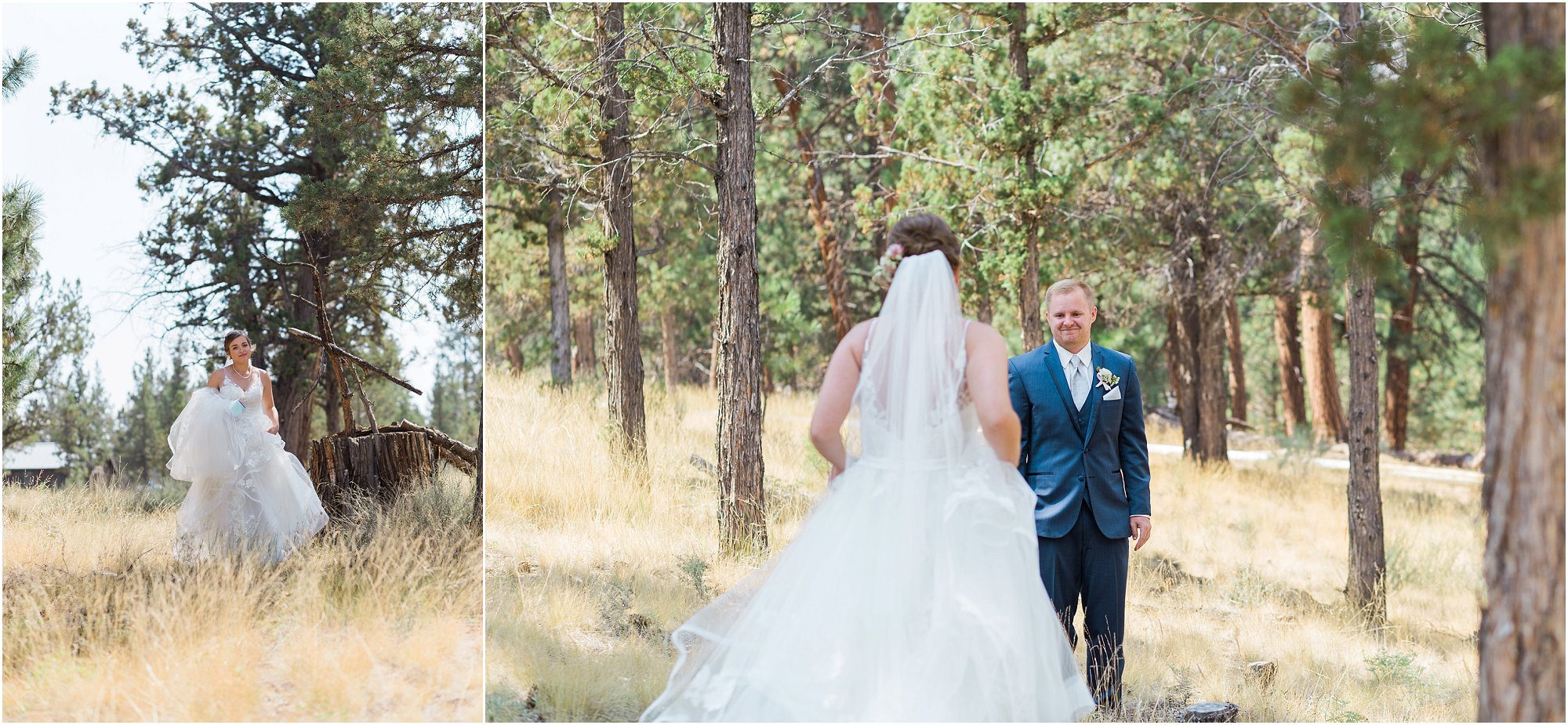 A couple has their first look before their wedding ceremony at the gorgeous Rock Springs Ranch in Bend, OR. | Erica Swantek Photography