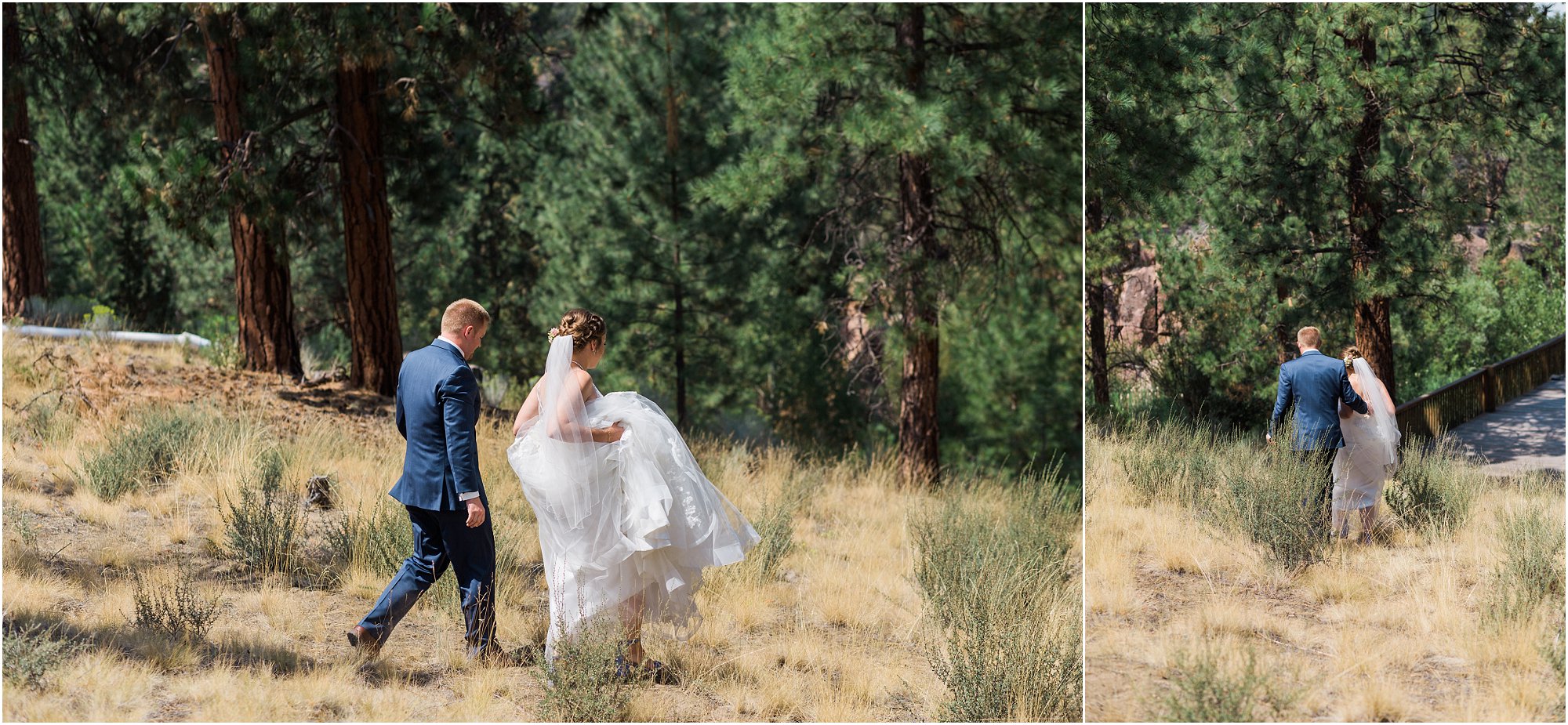 This wedding couple enjoys a private moment after their first look to exchange their wedding gifts to each other at Rock Springs Ranch in Bend, OR. | Erica Swantek Photography