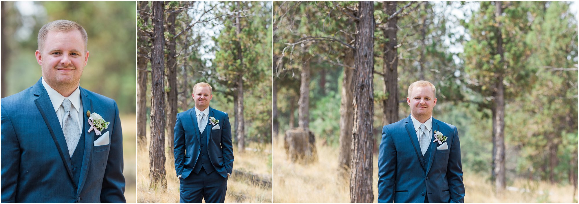 A dapper groom poses for his formal portraits outdoors among the pine trees at Rock Springs Ranch photographed by Bend wedding photographer Erica Swantek Photography. 