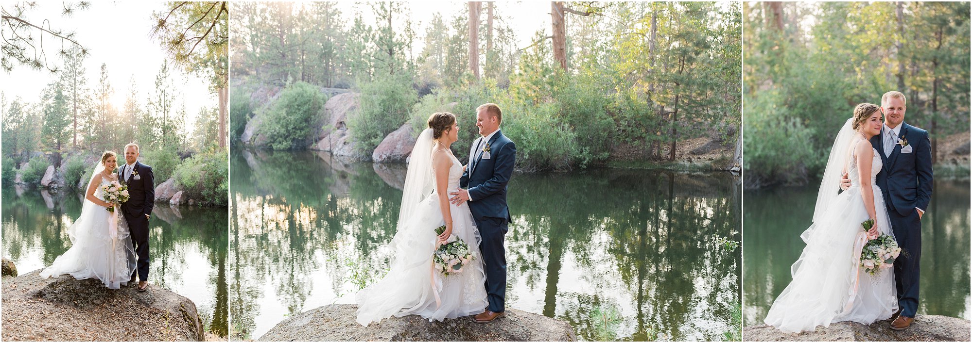 The golden evening light behind the tall pines and in front of the still pond provides some gorgeous portraits of the wedding couple at Rock Springs Ranch in Bend, OR. | Erica Swantek Photography