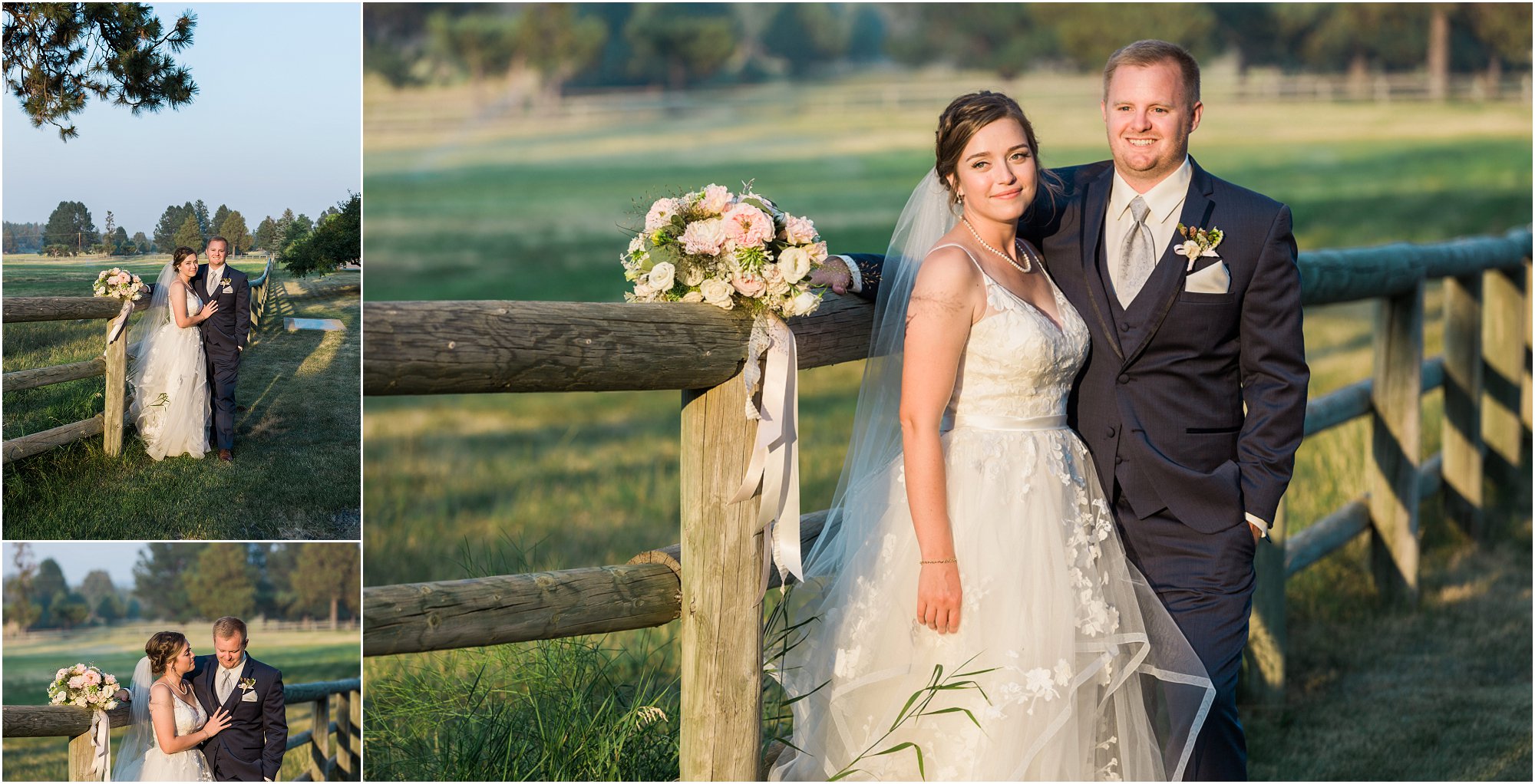The beautiful lush green grass at the Rock Springs Ranch wedding venue is absolutely stunning during the golden hour for couple's wedding portraits. Captured by Bend wedding photographer Erica Swantek Photography. 