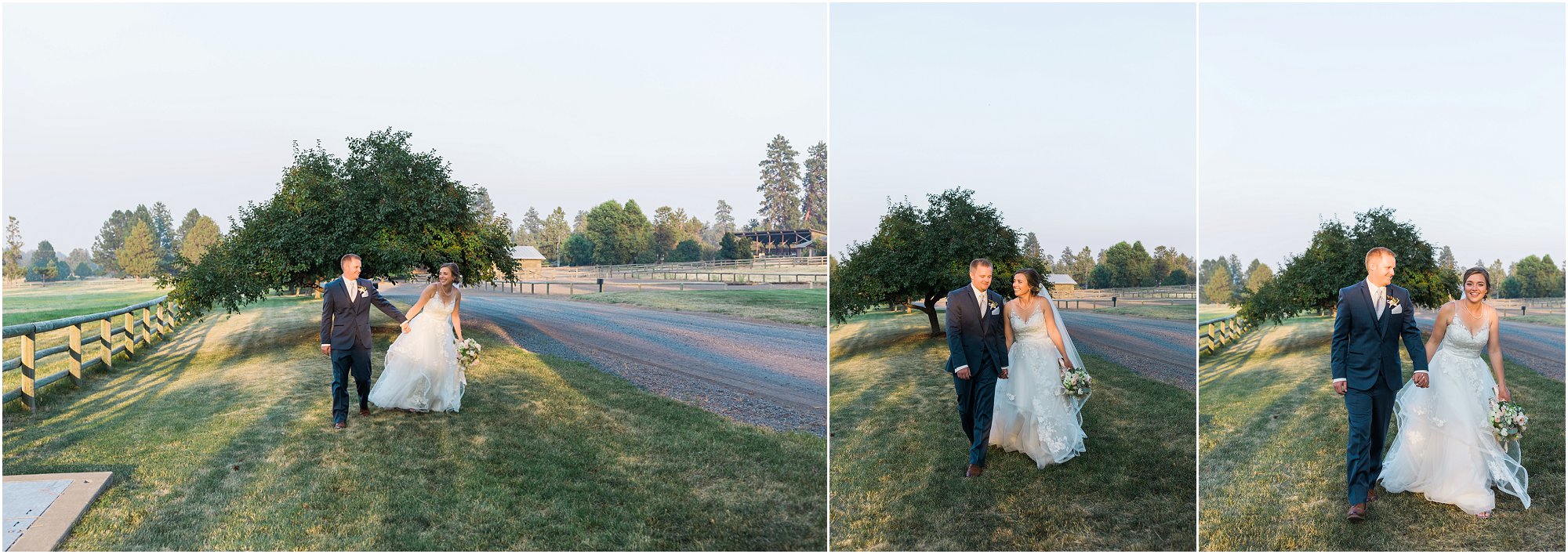 The wedding couple candidly walks towards the camera during their couple's portrait session at Rock Springs Ranch in Tumalo, OR. | Erica Swantek Photography