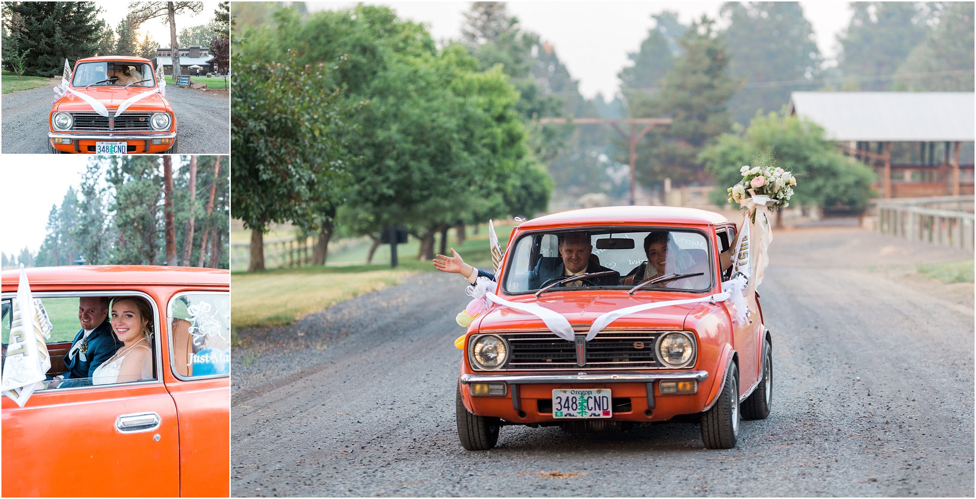 This wedding couple drives their cute getaway car for some photos at their Central Oregon ranch wedding. | Erica Swantek Photography