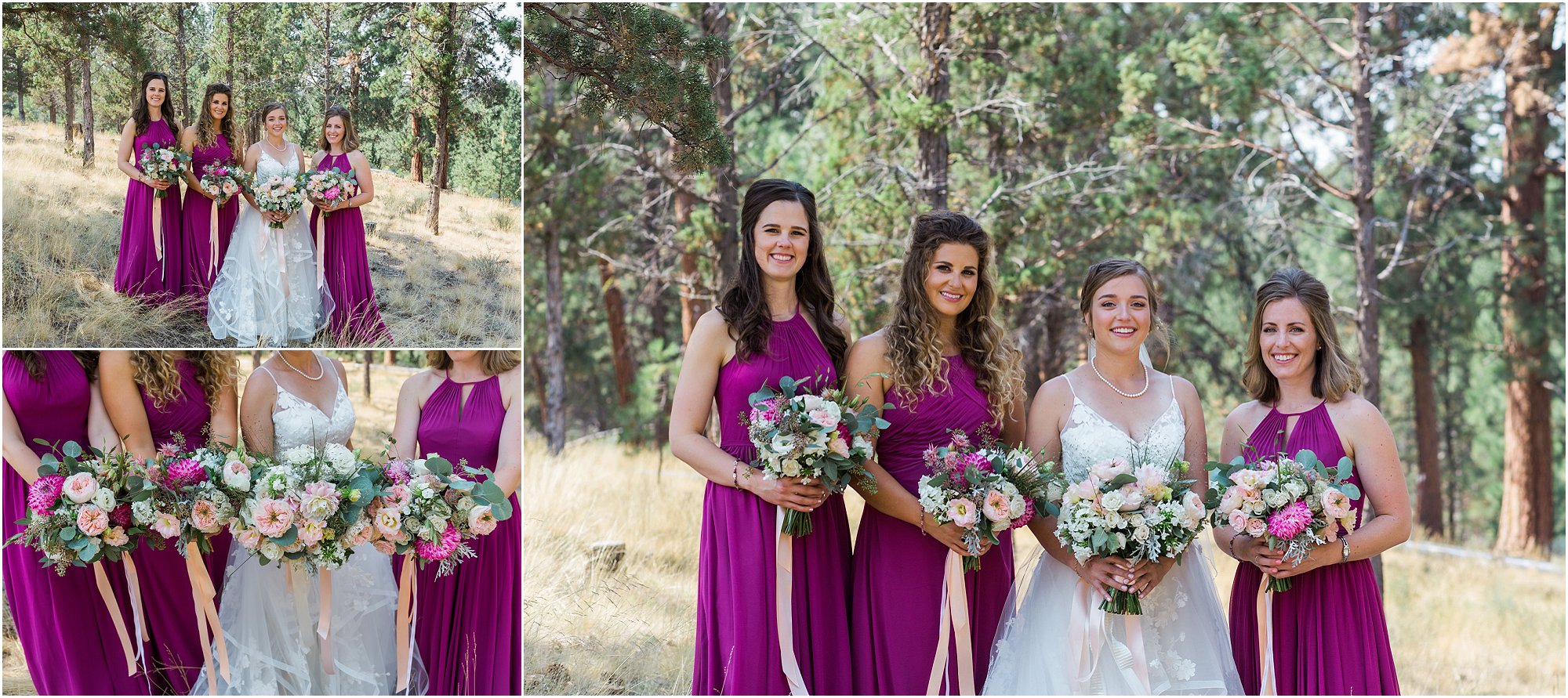 Gorgeous bridesmaids wearing mauve dresses hold their heirloom floral bouquets with the beautiful bride at her Rock Springs Ranch wedding in Bend, OR. | Erica Swantek Photography