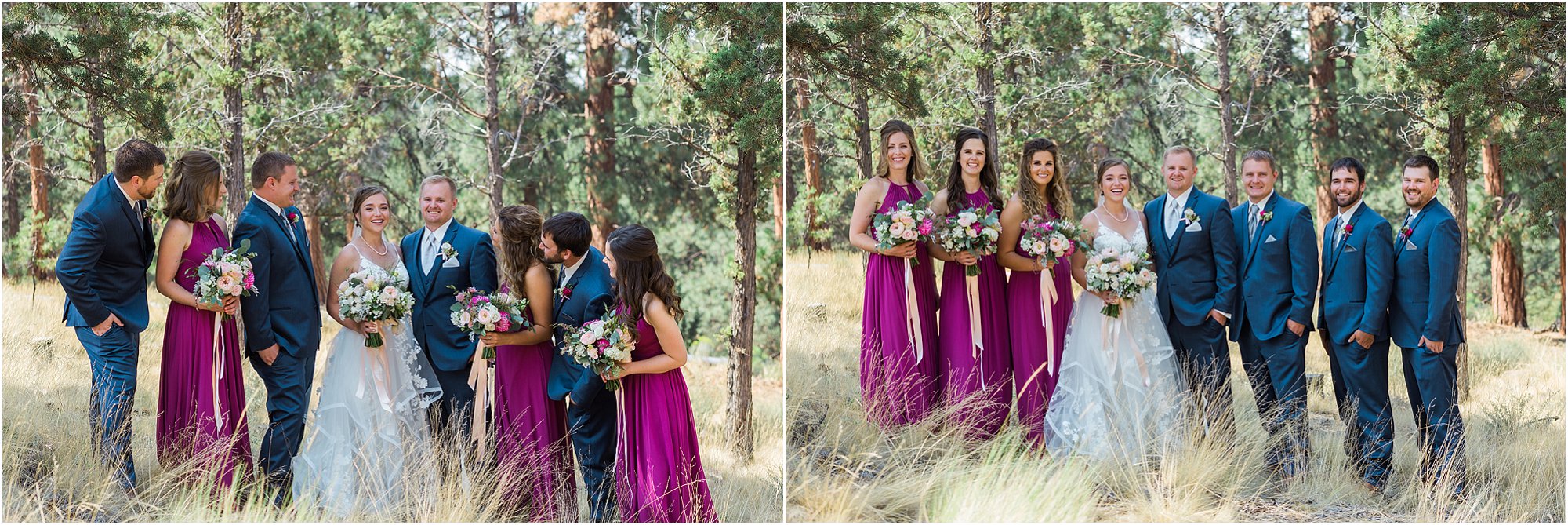 Bridesmaids wearing beautiful mauve dresses and groomsmen is classy blue suits for this rustic meets winery themed wedding at Rock Springs Ranch near Bend, OR. | Erica Swantek Photography