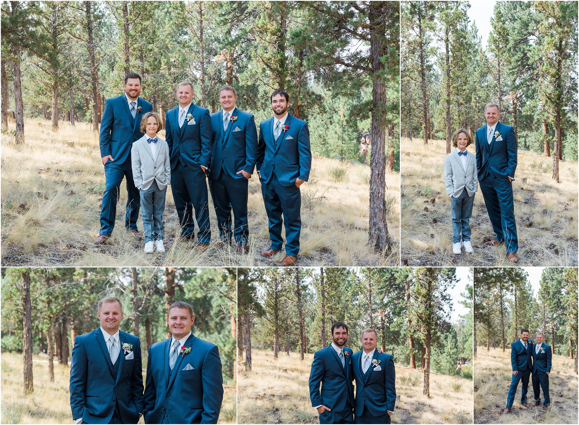 A dapper looking group of groomsmen along with the groom and ringbearer at this Rock Springs Ranch wedding captured by Bend wedding photographer Erica Swantek Photography. 