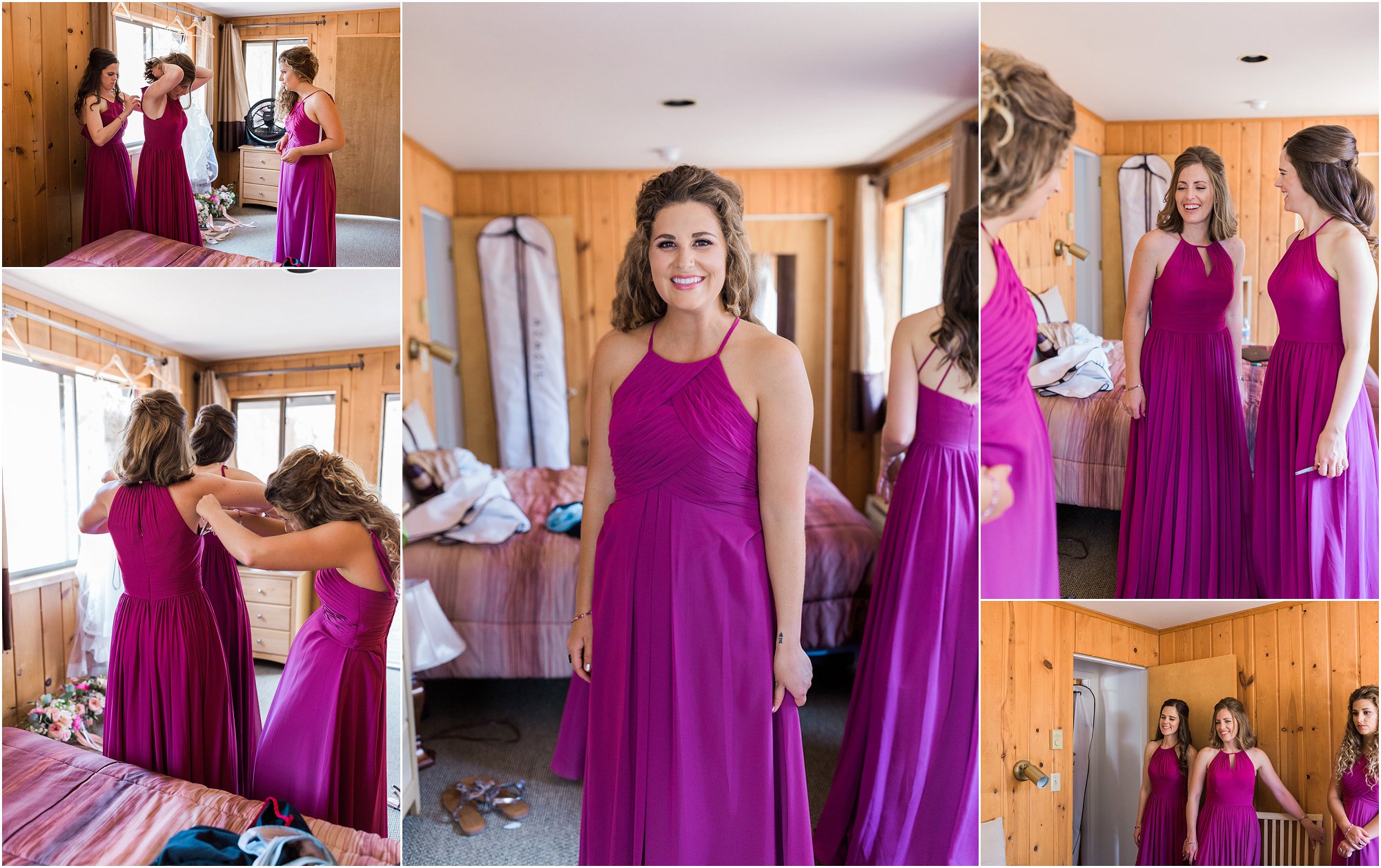 Beautiful bridesmaids wearing magenta get ready in the cabins at Bend, Oregon's Rock Springs Ranch. | Erica Swantek Photography