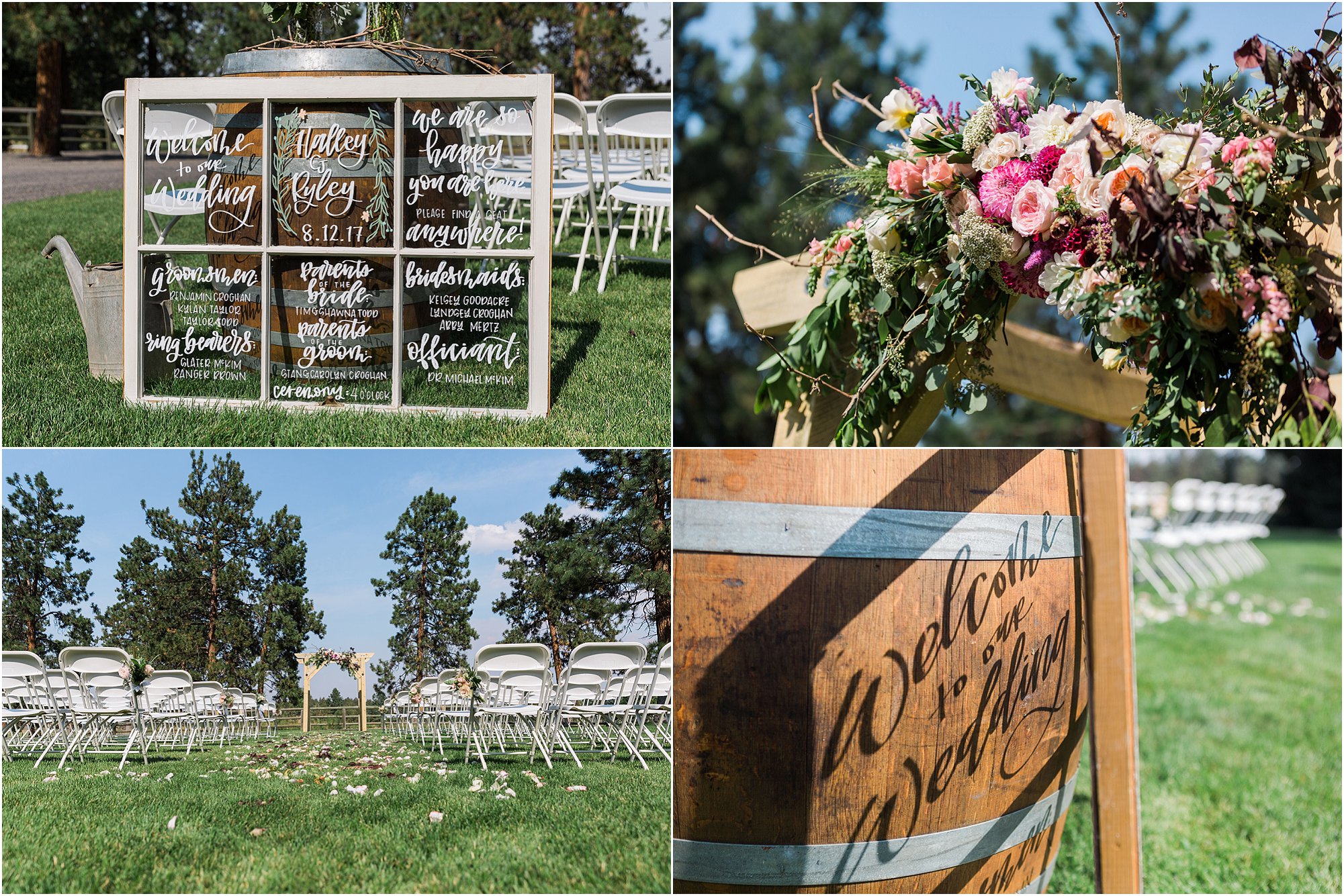 Rustic wine barrels and a window chalk board greet guests at this gorgeous Rock Springs Ranch wedding in Bend, OR. | Erica Swantek Photography