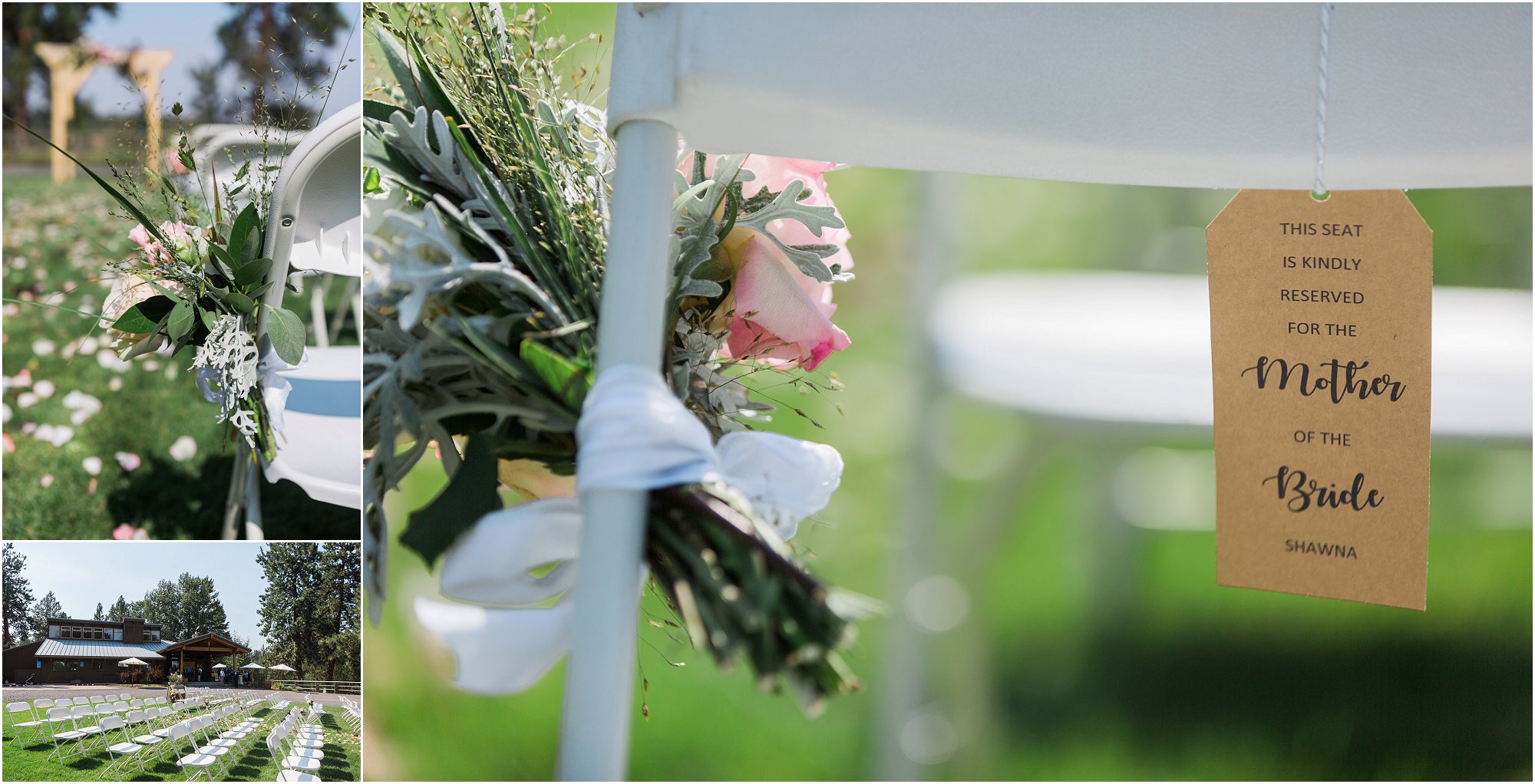 Beautiful pale roses and greenery adorn the ceremony archway and chairs at this rustic outdoor Rock Springs Ranch Wedding in Bend, OR. | Erica Swantek Photography