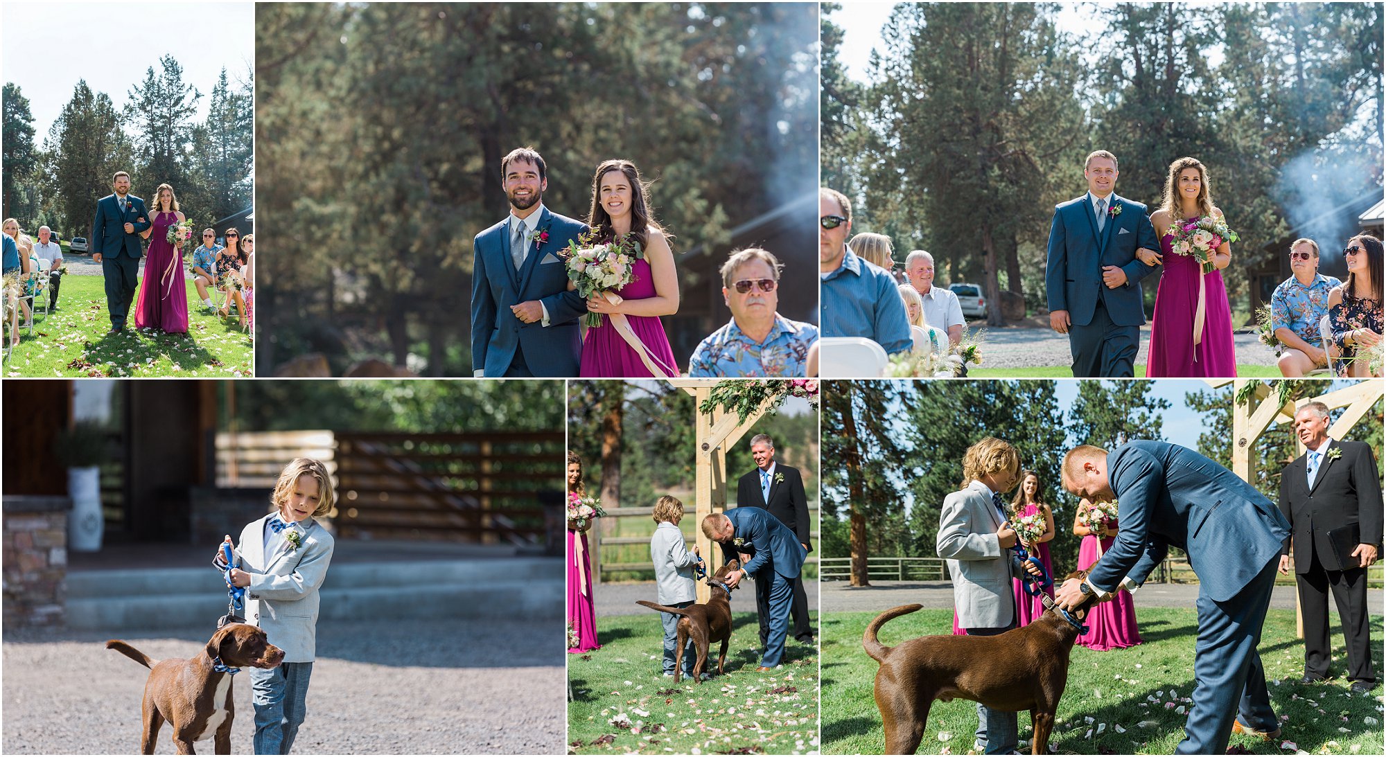 The Dog serves as a ring bearer at this gorgeous rustic outdoor ceremony at the Rock Springs Ranch wedding venue in Bend, OR. | Erica Swantek Photography