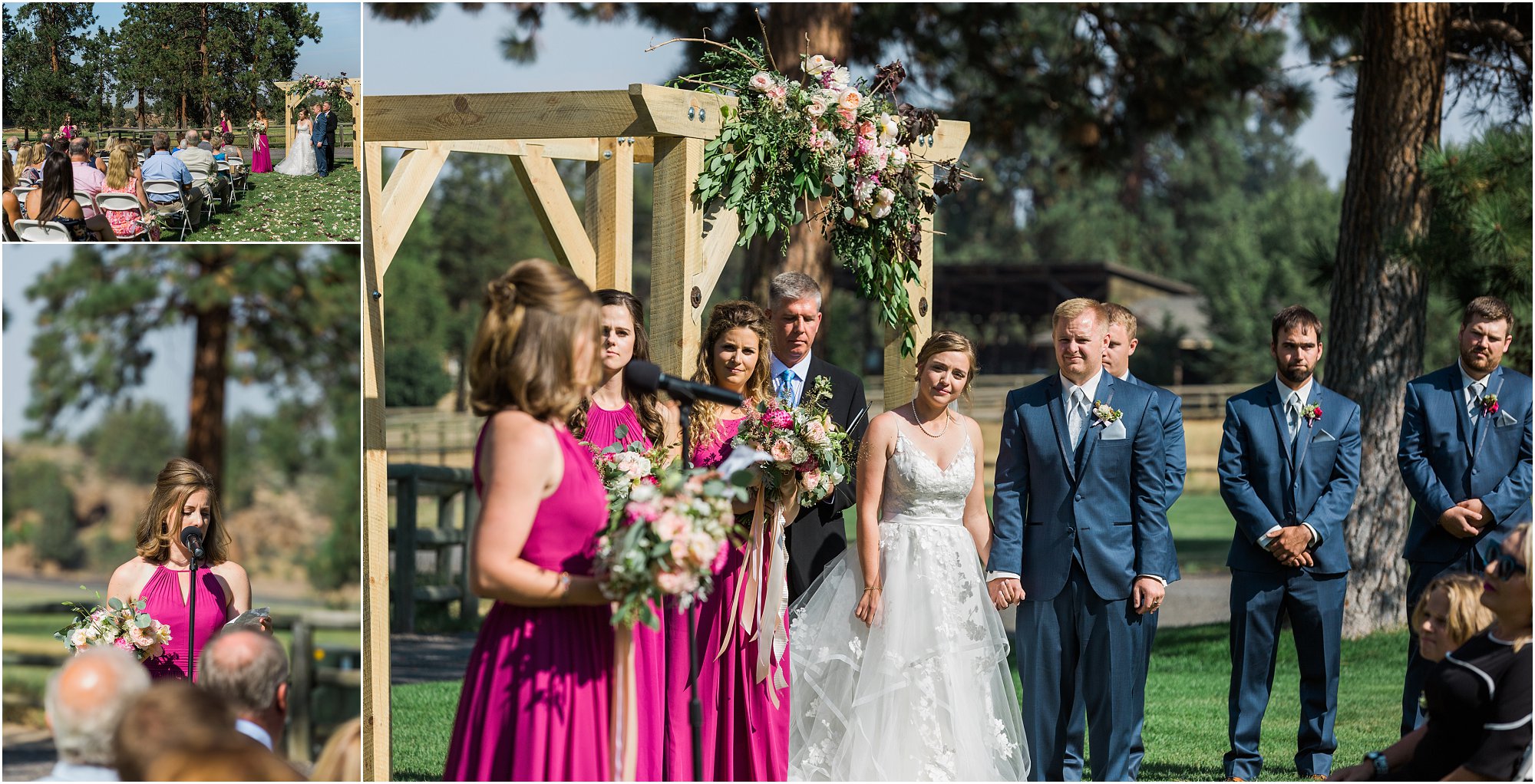 The sister of the groom, also a bridesmaid, does a reading for this rustic outdoor wedding ceremony at Rock Springs Ranch in Bend, OR. | Erica Swantek Photography