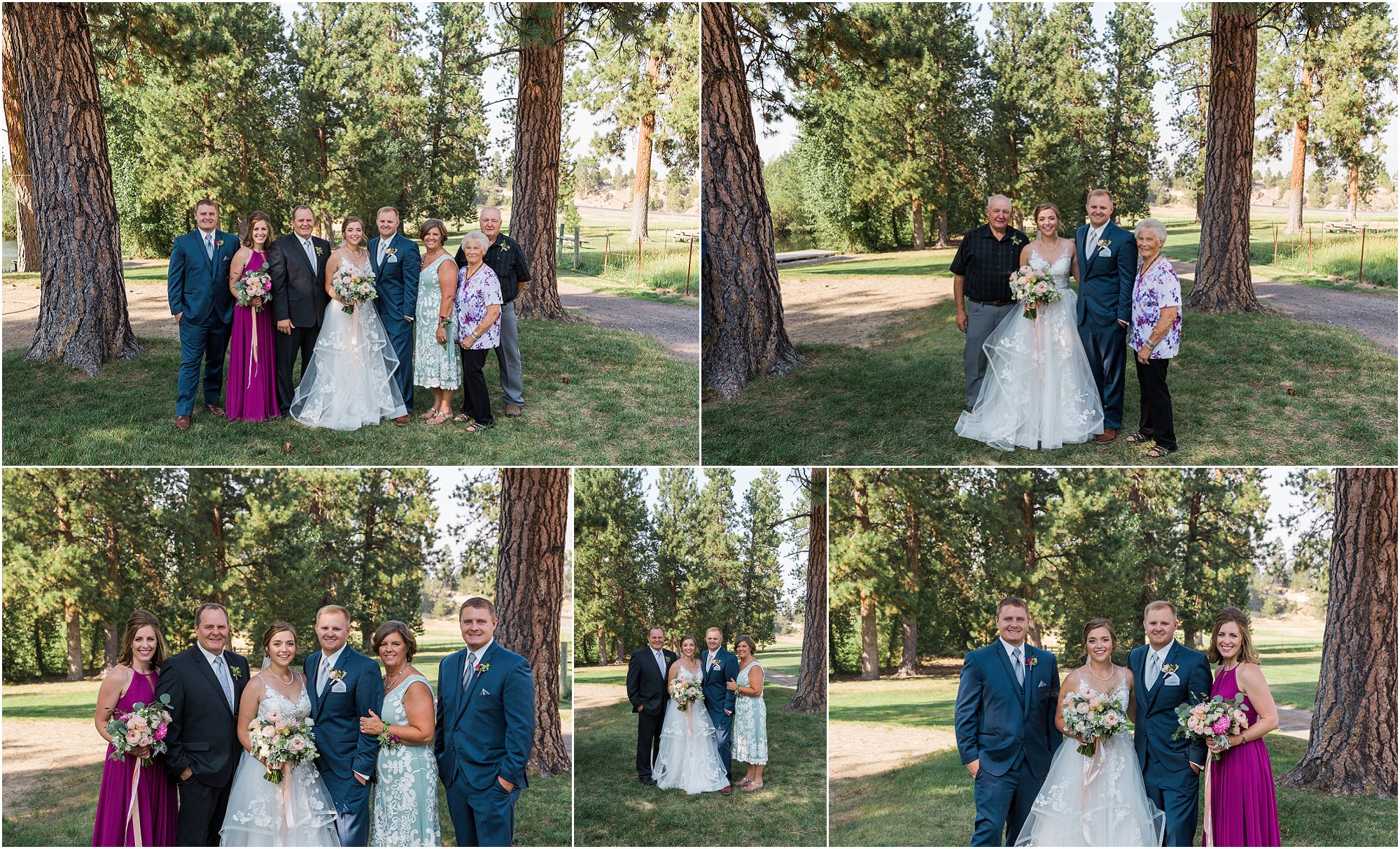 The bride and groom pose with their families for formal photos at their rustic outdoor Rock Springs Ranch wedding in Bend, OR. | Erica Swantek Photography