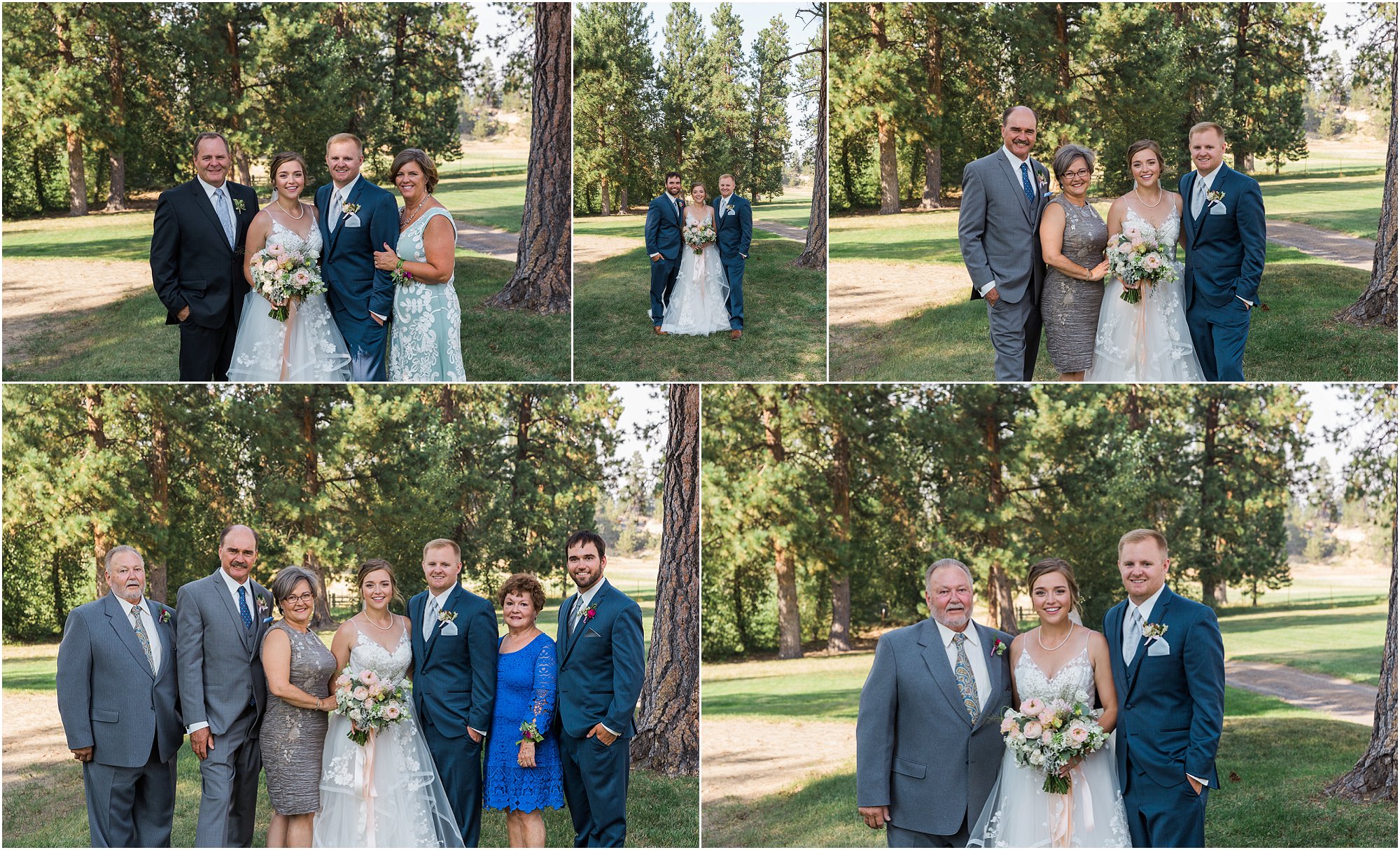 The bride and groom pose with their parents for formal portraits at their Rock Springs Ranch wedding, captured by Bend wedding photographer Erica Swantek Photography. 